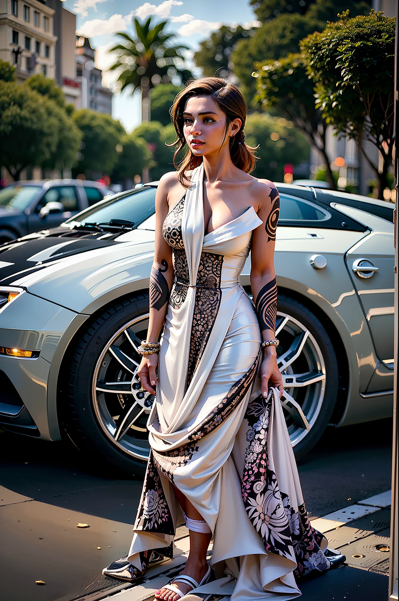 (obra maestra) (La mejor calidad) A beautiful young woman travels in a hypersports car with high displacement and beautiful lines.. La chica es muy bonita y lleva un vestido glamoroso y juvenil, Pero tiene un aspecto rebelde con tatuajes y cadenas de oro alrededor de su cuello.. El coche se ve perfecto y es de un estilo de lujo italiano moderno en la gama de coches hiperdeportivos.. They're parked on a Hollywood street of luxury shopping. Perfect professional photography. High-end DSLR camera.