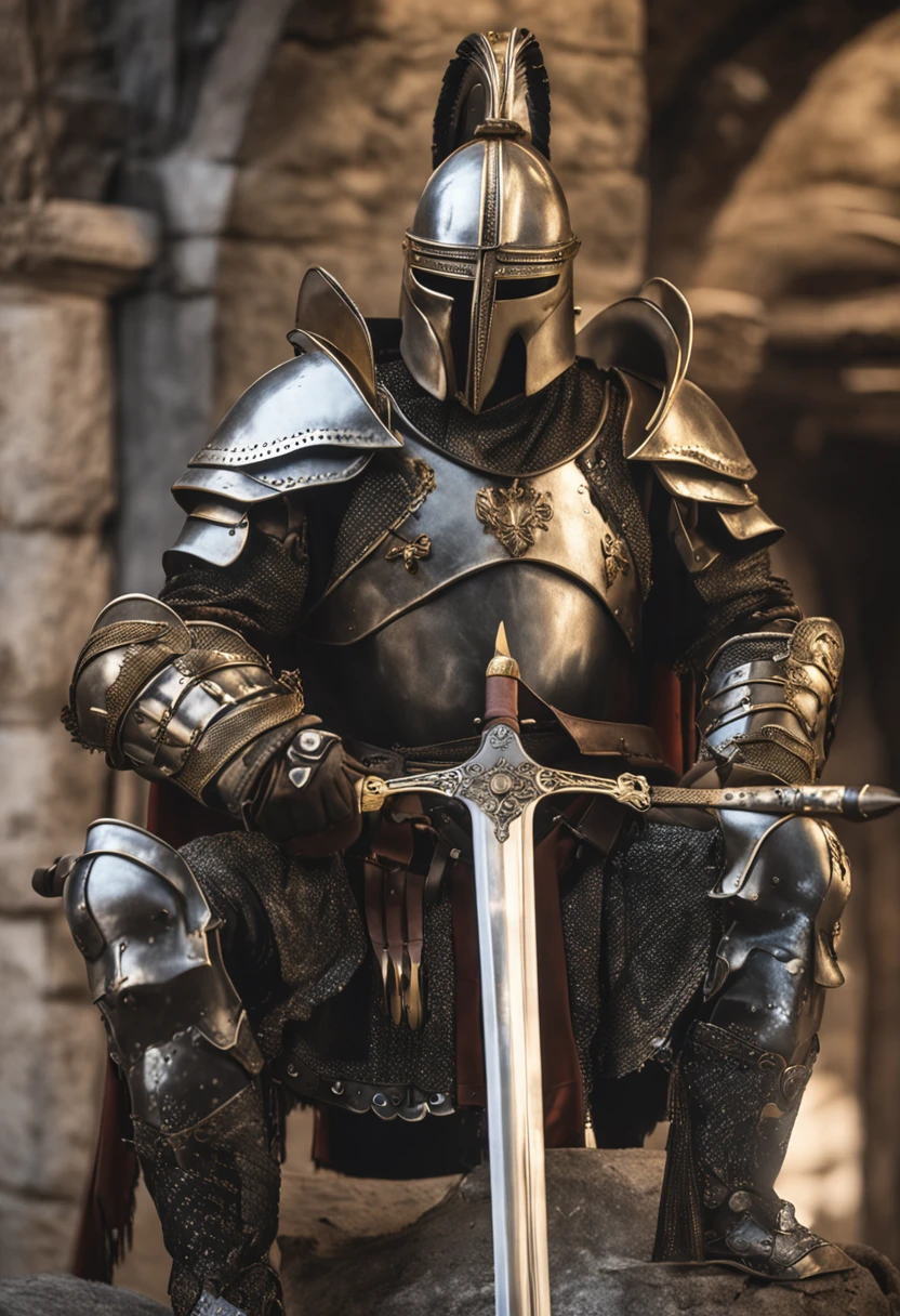 ((melhor qualidade, profesional lighting, 8k, animification)) 1 homem, cavalheiro, armadura pesada, armadura dourada e preto, espada grande, espada detalhada, paisagem castelo medieval, sem capacete, paisagem detalhada, armadura detalhada, brilho,