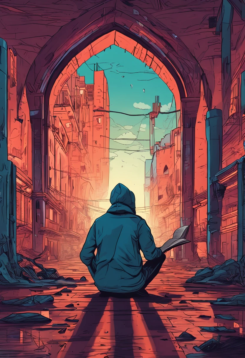 Wise developer at the age of 30 reading from a heavy book, while seating in a dark room wearing blue hoodie in front of I mac