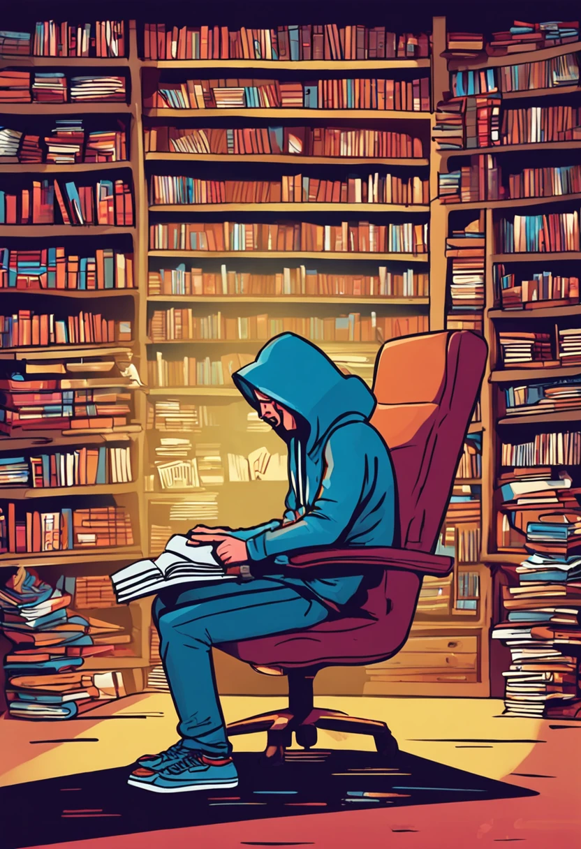 Wise developer at the age of 30 reading from a heavy book, while seating in a dark room wearing blue hoodie in front of I mac