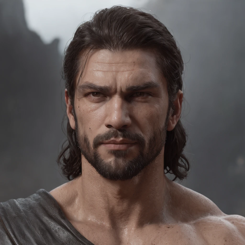 (Professional 3D rendering:1.3) de (Realistic:1.3) Foto de arte mais bonita do mundo,Features soft, bright male heroes, ((Epic hero fantasy rough muscular man wet hero angry look long hair short beard and fierce expression in dynamic pose, fantastic location, majestoso ambiente desordenado)), corpo inteiro 8k unidade render, action shot, poros da pele, very dark lighting, sombreamento pesado, circunstanciado, Rosto detalhado, (vibrante, fotogrdeia realista, Realistic, Dramatic, Escuro, foco nítido, 8k), (Old leather clothes damaged by bad weather:1.4), ((((Use peles)))), (intrincado:1.4), decadente, (altamente detalhado:1.4), pintura digital, rendering by octane, art stations, Conceito-Arte, liso, foco nítido, illustration, germe da arte, (Loish:0.23), Wlop Ilya Kuvshinov, e Greg Rutkowski e Alphonse Mucha Gracias, (global ilumination, studiolight, Light Volumetric), chuva forte, floating particles, patife, fantasia, Onze, corpo inteiroesbian, ((Fundo escuro e antigo da cidade:1.3)),CGSesociedade,art stations