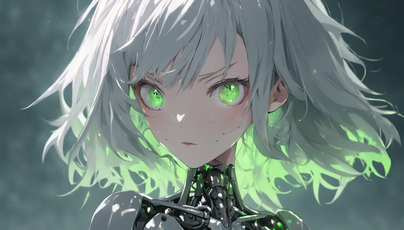 android woman,translucent plastic body with robotic skeleton,carbon textured,plastic face,serene glowing eyes,asimetrical long spike hair,white hair,green eyes,by wlop,realistic,8k,HDR,stable diffusion xl,agressive art style,cute girl