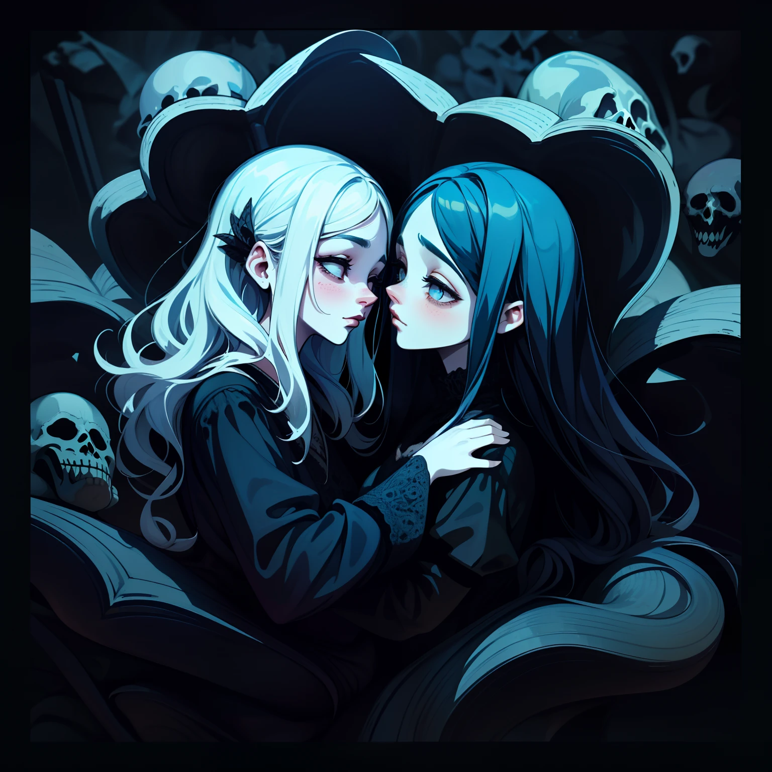 adesivo, fundo simples, portrait, 2 girls, couple, kissing, girl with long hair, beautiful gothic girl, gothic aesthetic, beautiful girl, very beautiful fantasy art, beautiful and elegant female gothic, beautiful detailed fantasy, black and blue color palate, blue color-theme
