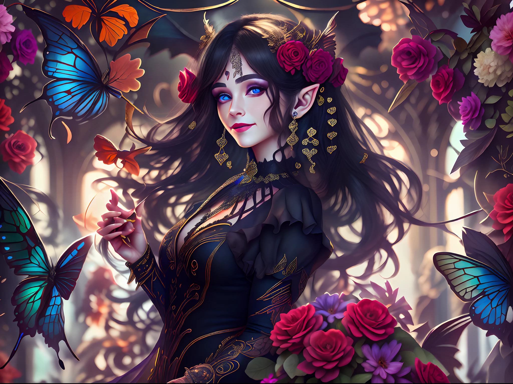 high details, best quality, 16k, RAW, [best detailed], masterpiece, best quality, (extremely detailed), full body, ultra wide shot, photorealistic, dark fantasy art, goth art, RPG art, D&D art, a picture of a dark female  fairy showing flowers in a florist shop, extremely beautifil fairy, ultra feminine (intense details, Masterpiece, best quality), best detailed face  (intense details, Masterpiece, best quality), having wide butterfly wings, spread buterfly wings (intense details, Masterpiece, best quality), dark colors wings (intense details, Masterpiece, best quality), black hair, long hair, shinning hair, flowing hair, shy smile, innocent smile, blue eyes, dark red lips, wearing red skirt, dynamic elegant shirt, chocker, wearing high heels, in flower shop (intense details, Masterpiece, best quality), extreme many flowers (intense details, Masterpiece, best quality), dark colorful flowers (intense details, Masterpiece, best quality), flower shop in a dark goth era street, High Detail, Ultra High Quality, High Resolution, 16K Resolution, Ultra HD Pictures, 3D rendering Ultra Realistic, Clear Details, Realistic Detail, Ultra High Definition