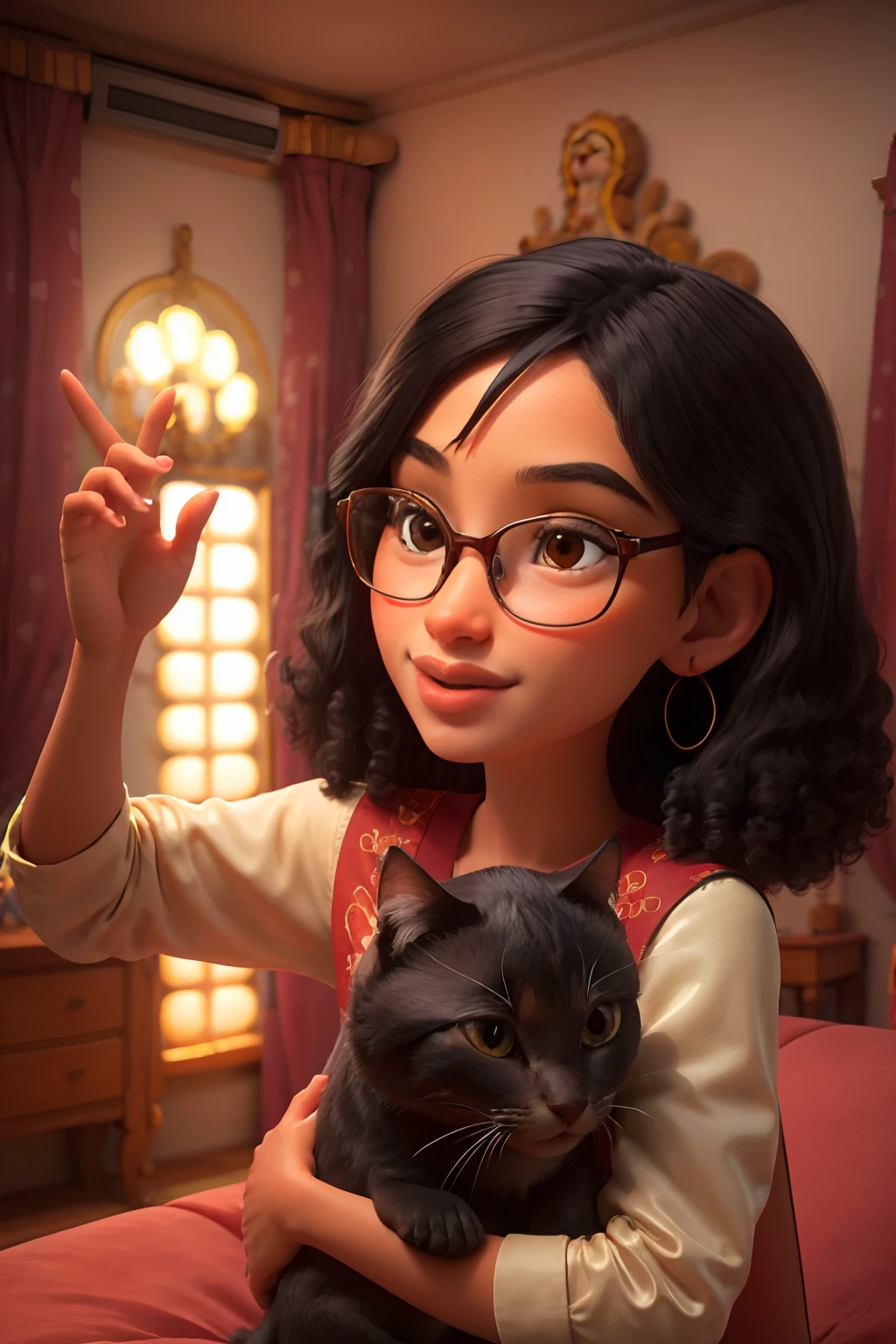 A Brazilian , de pele bronzeada, cabelo marrom claro, with curly hair and glasses, na janela do seu quarto, Looking Up The Sky, cuddled with a black kitten, feliz e sorrindo tirar uma selfie na janela do seu quarto iluminada, this illustration is HD illustration in 4K resolution with very detailed facial features visuals.