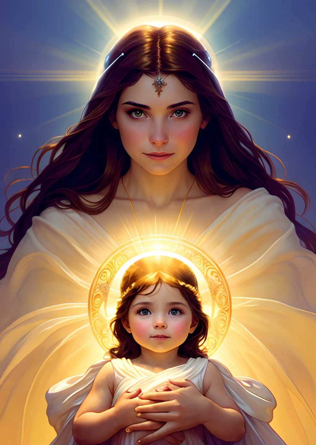 masterpiece, woman and child, holy virgin mary with little boy in her arms, ((halo over head)), smiling, heavenly sky, half body, ((divine light)), ethereal, clouds, back lighting, realistic portrait, symmetrical, strong, intricate drawing, highly detailed, digital painting, art station, concept art, fluid, sharp focus, illustration, against heaven's gate, cinematic lighting, works by artgerm and greg rutkowski and alphonse mucha