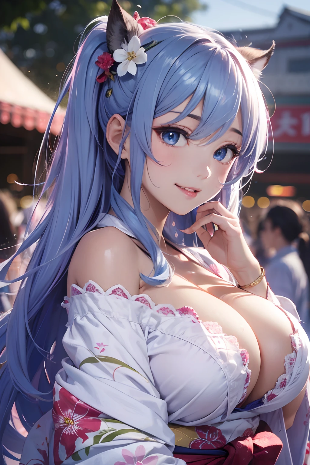 8K picture quality、top-quality、masutepiece、An ultra-high picture quality、ultra-detailliert、Ultra-realistic hair quality、Vibrant colors、Beautuful Women、Beautiful long hair、Shiny hair、detailed hairs、blue hairs、poneyTail、Blue eyes、shinny skin、Lace underwear、Very gigantic-breasts、Sweat on the forehead and cheeks、extremely big ass、Fluffy off-shoulder yukata、A smile、pink tongue、Ultra-realistic flesh feeling、Red cheeks、summer festival in background
