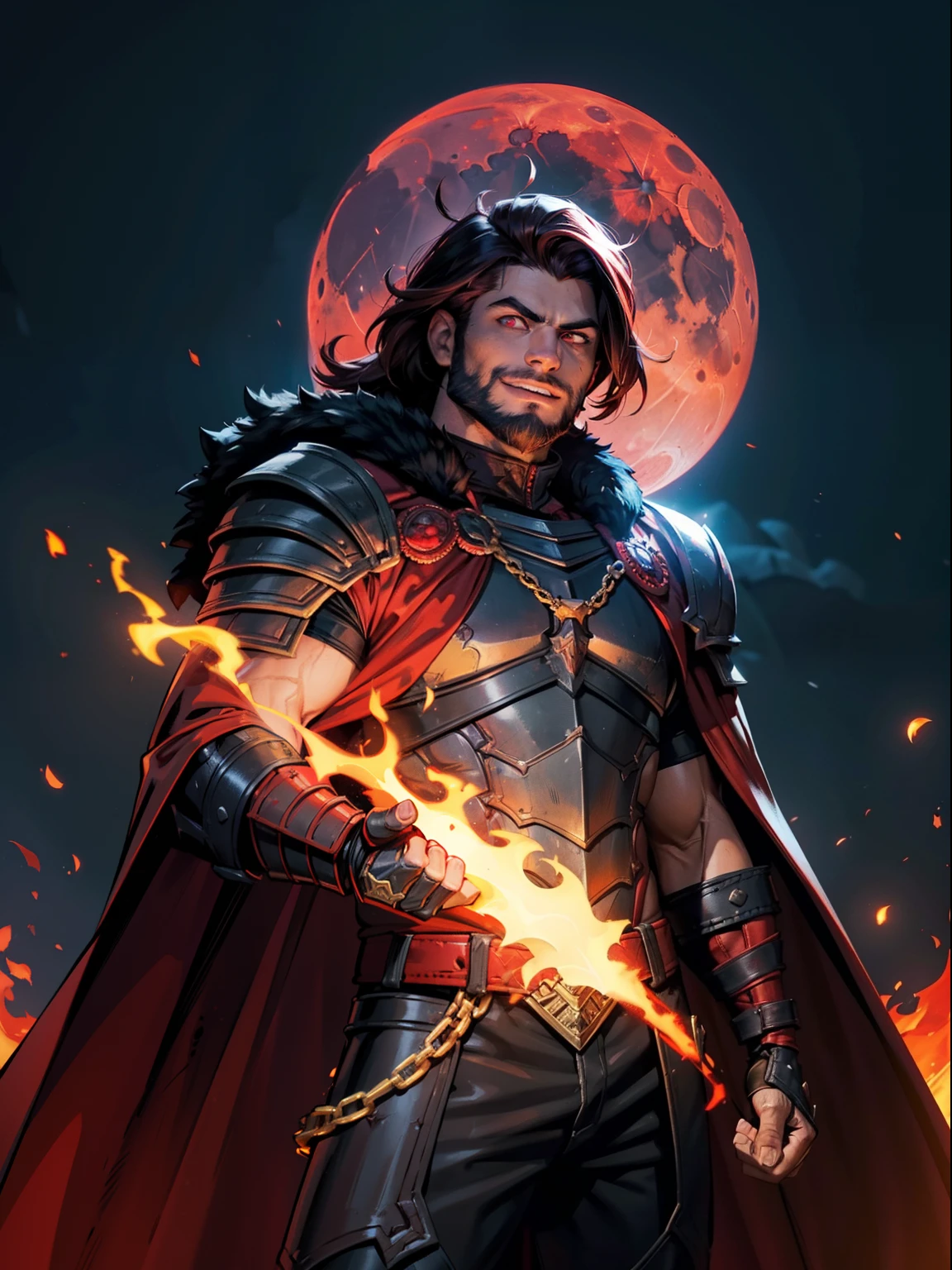 Dark night blood moon background, Darkest Dungeon style, casting fire. Sadurang from Marvel, hunk, buffed physics, short mane hair, mullet, defined face, detailed eyes, short beard, glowing red eyes, dark hair, wily smile, badass, dangerous. Wearing full red armor with dragon scales, cape of furs.