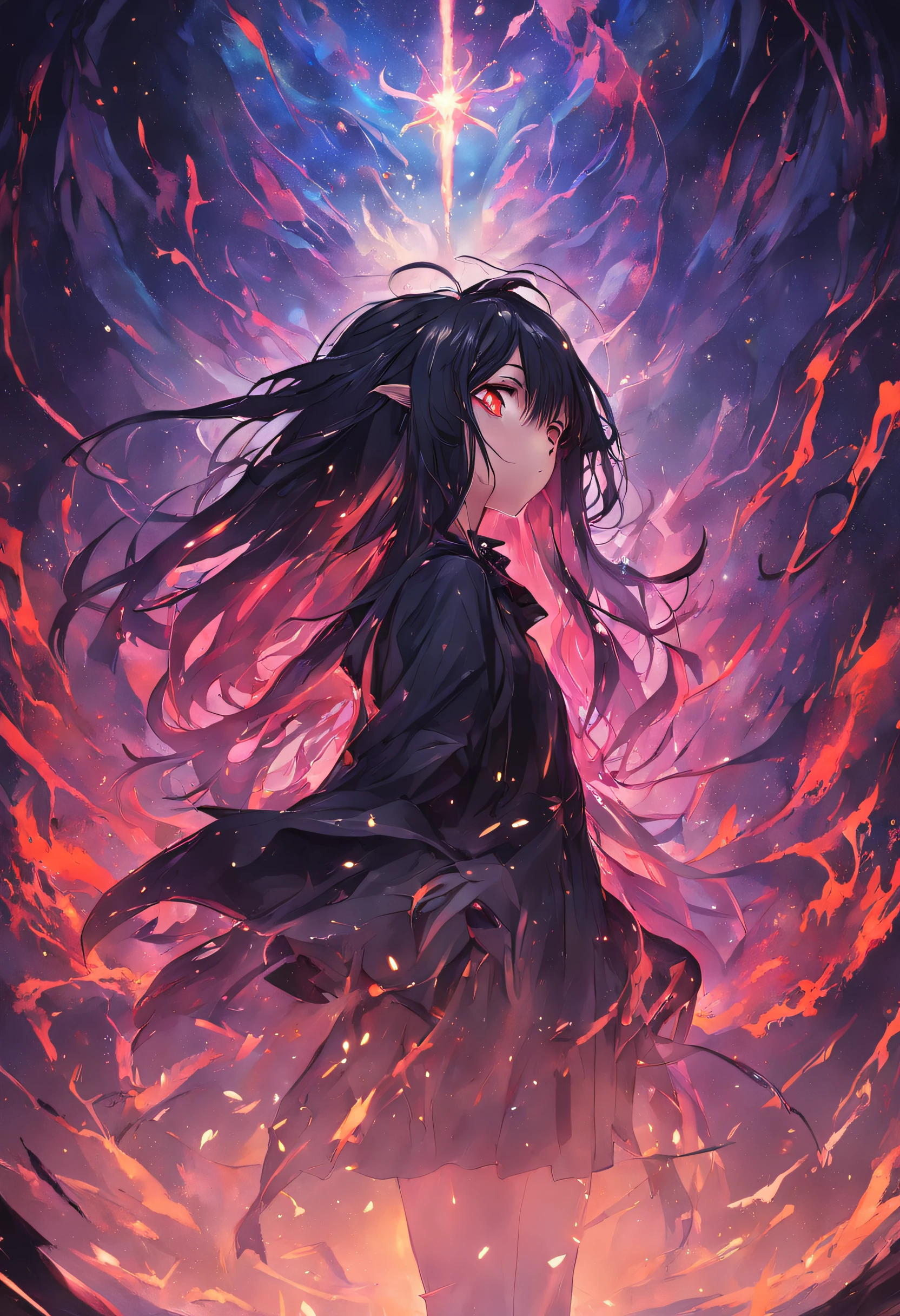 masterpiece, best quality, masterpiece, (1girl), (LLChar), evil witch, dark energy, void, empty eyes, (extremely evil), dark magic, dark forest, negaive energy, hell, void, stars, black hair,
