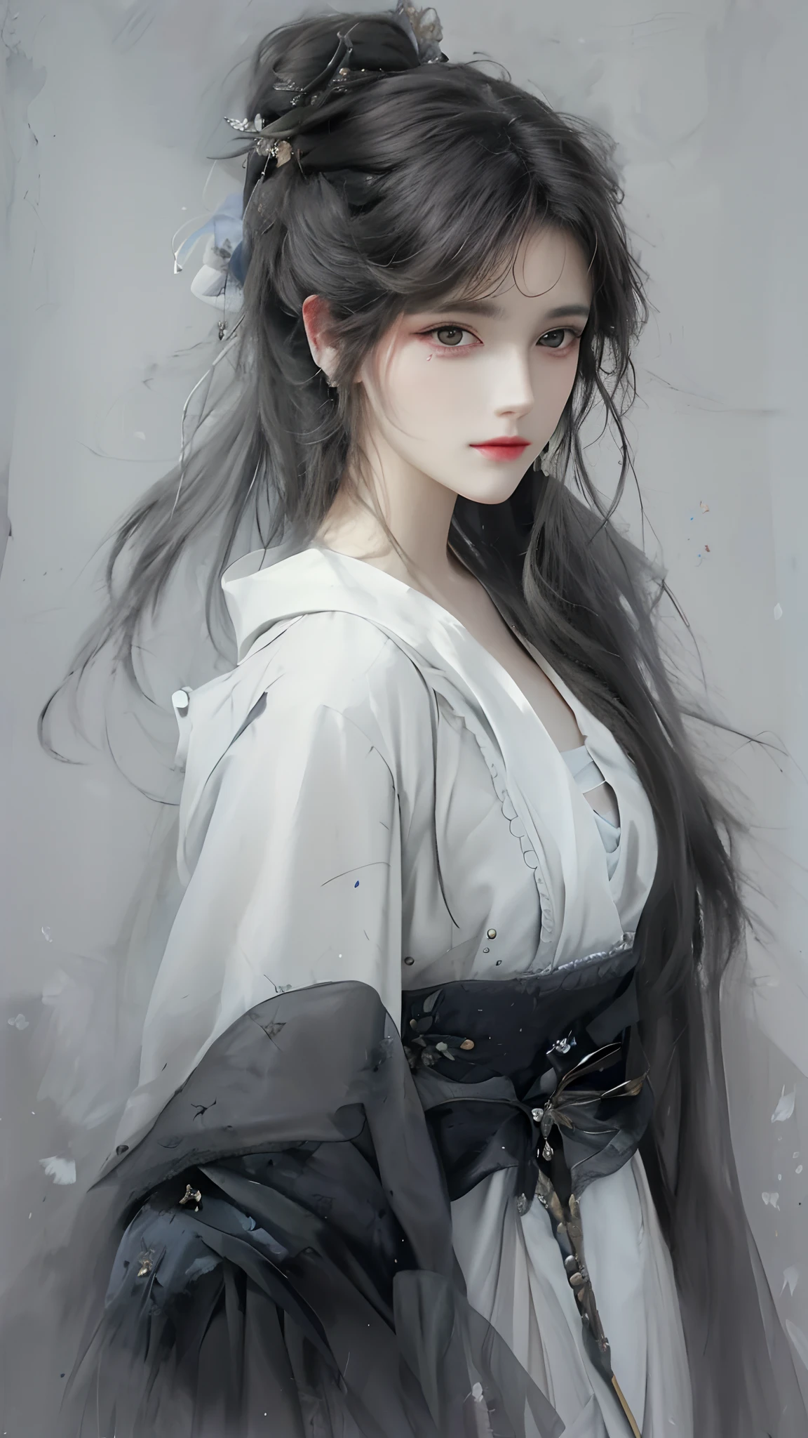 A painting of a woman with long hair in a white dress,Belle peinture de personnage,With red flowers on the head,The eyes are more symmetrical points,Near big far small