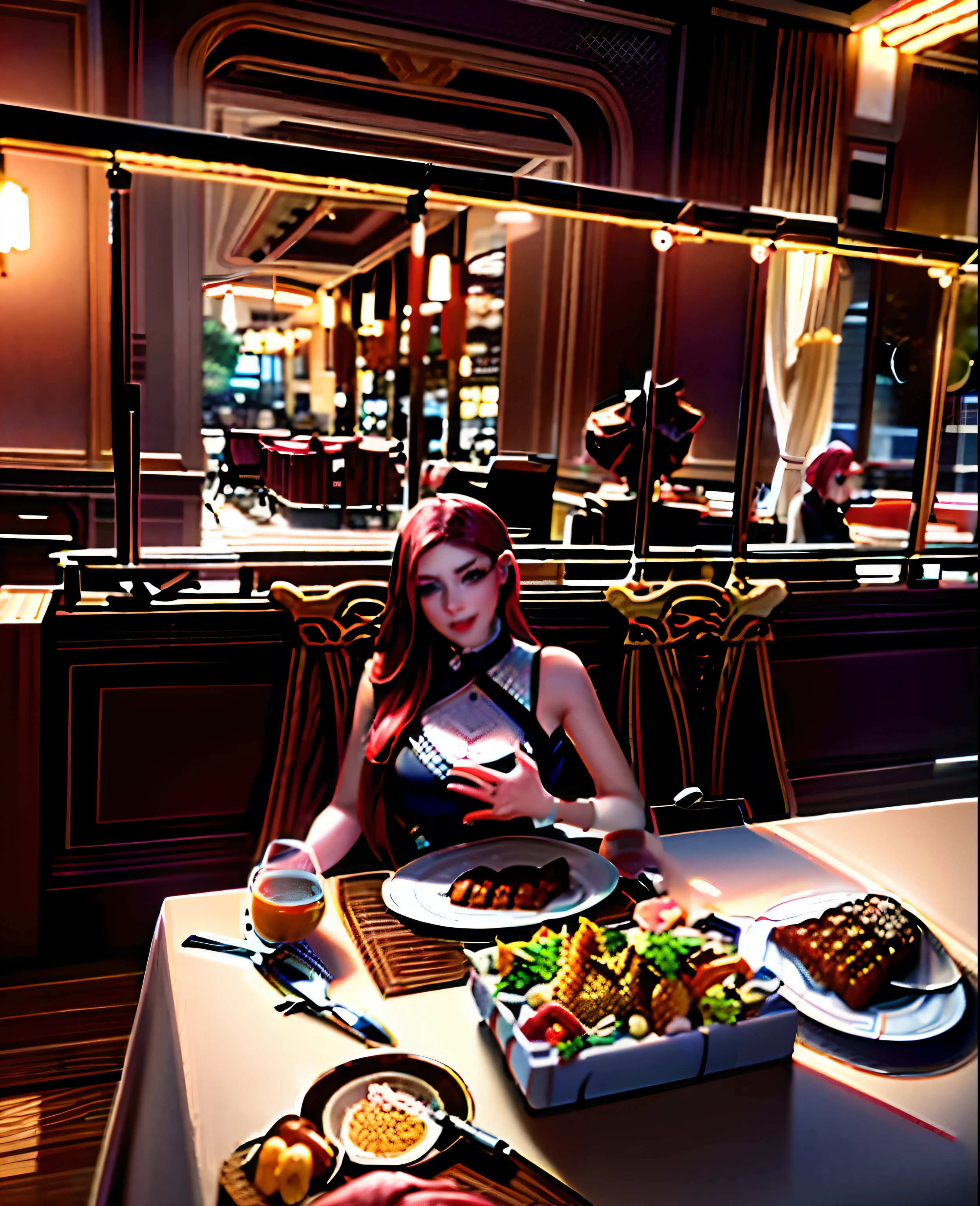 There was a woman sitting at the table,Carrying a plate of food, she is about 2 , young beautiful amouranth, belle delphine, eating meat, dilraba dilmurat, she is about 20 years old, she is about 2 0 years old, expensive restaurant, Cai Xukun, covered in organic flesh meat