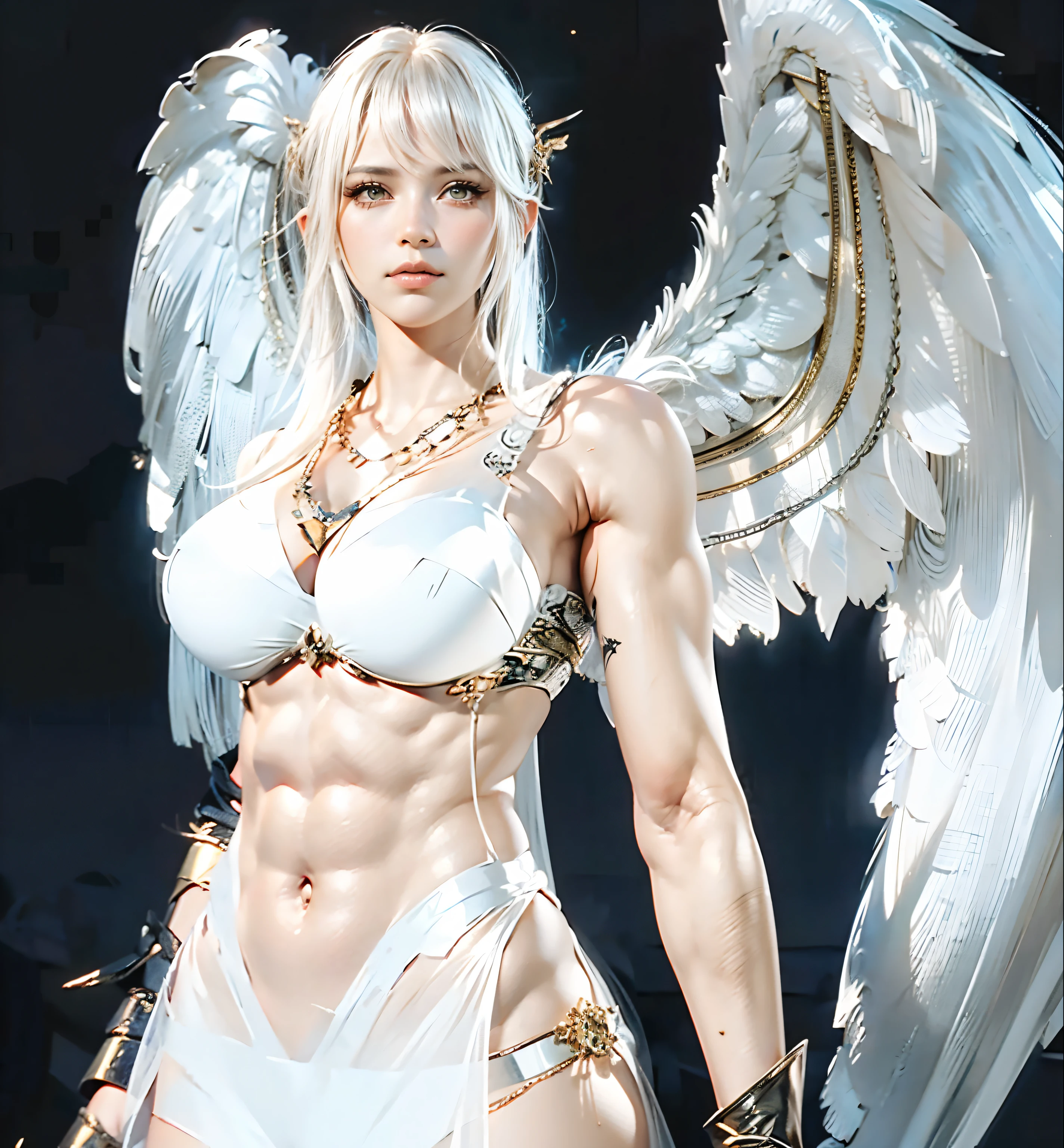 Deusa grega alada da ira e do castigo, Nimimis, Cabelos prateados, em toga grega longa, beleza legal, seios grandes, corpo.musculoso. It seems stern and relentless, Fly with wings in the starry sky, Igrejas, atmosfera solene, Description of the precise pointer Ultrra, fotorrealista, super detalhe, master part, best quality, A high resolution, 8k，armadura，Cruz enorme