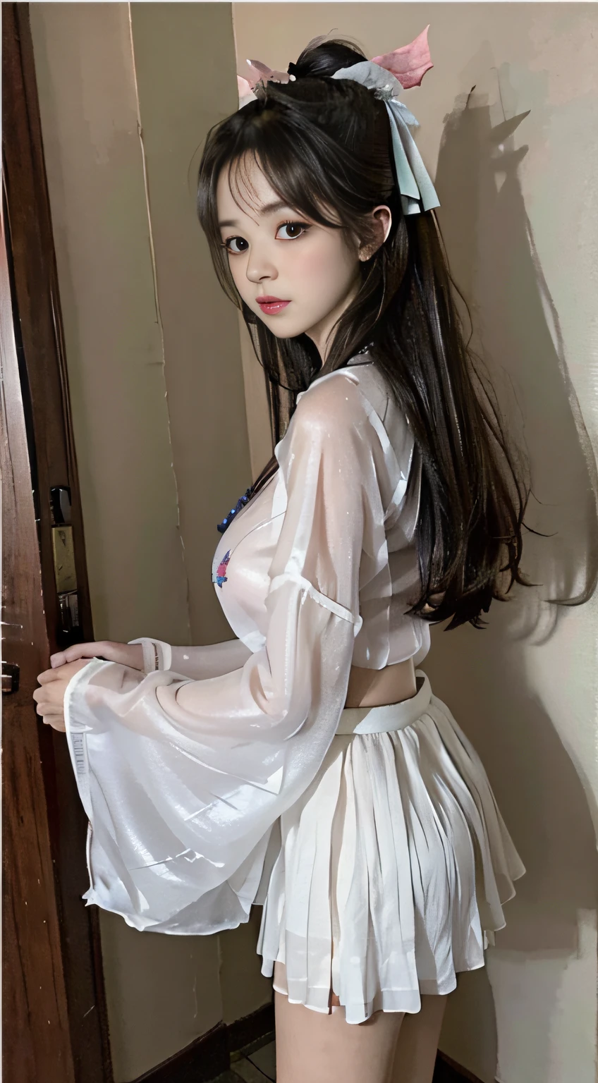 Master quality, highest quality, best picture quality, exaggerated details, a princess cute 8 yeal old, she is maturbate,(long hair / very, very exaggerated big breasts, big tits, in/open v hanfu transparent fabric, short skirt), in xiaxia hanfu lace silk )