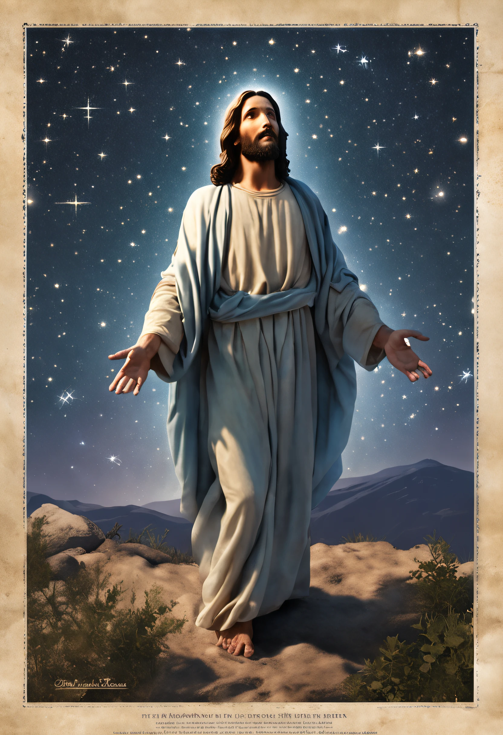 "Por favor, create a high-resolution image that depicts Jesus looking 33 years old, in a moment of deep prayer. Na imagem, Jesus stands with his hands delicately raised toward the starry sky of a serene night filled with bright stars. The scene conveys a sense of serenity and spiritual connection, with Jesus immersed in divine contemplation under the magnificent heavenly scenery. The image captures the peace and reverence of this unique moment. The focus should be on the tranquil expression of Jesus and the majesty of the starry sky, Emphasizing the importance of this moment of connection between the human and the divine."