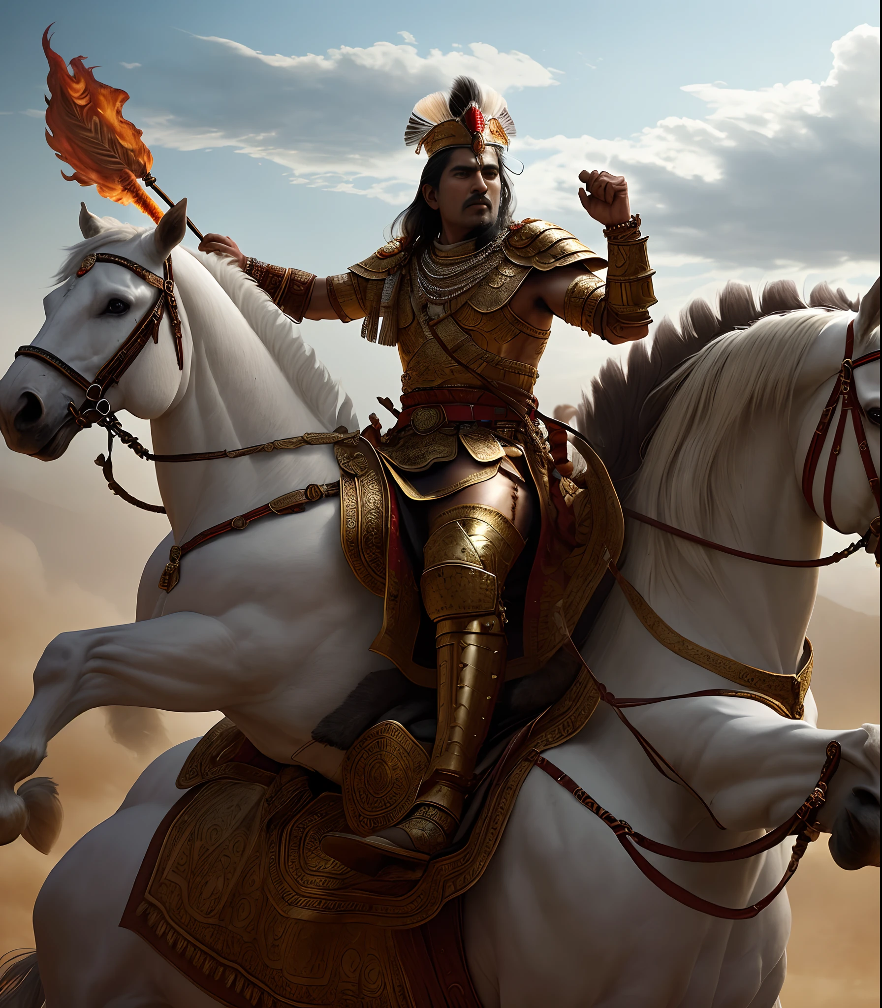 Create a hyperrealistic portrayal of an ancient Indian king amidst a fierce battle. The king is mounted on a majestic horse, his eyes ablaze with anger and determination. Capture the intricate details of his armor, weapons, and the expressions of his warriors behind him. Depict the chaos of the battlefield, with billowing dust, flying arrows, and a sense of both the king's fury and his unwavering leadership