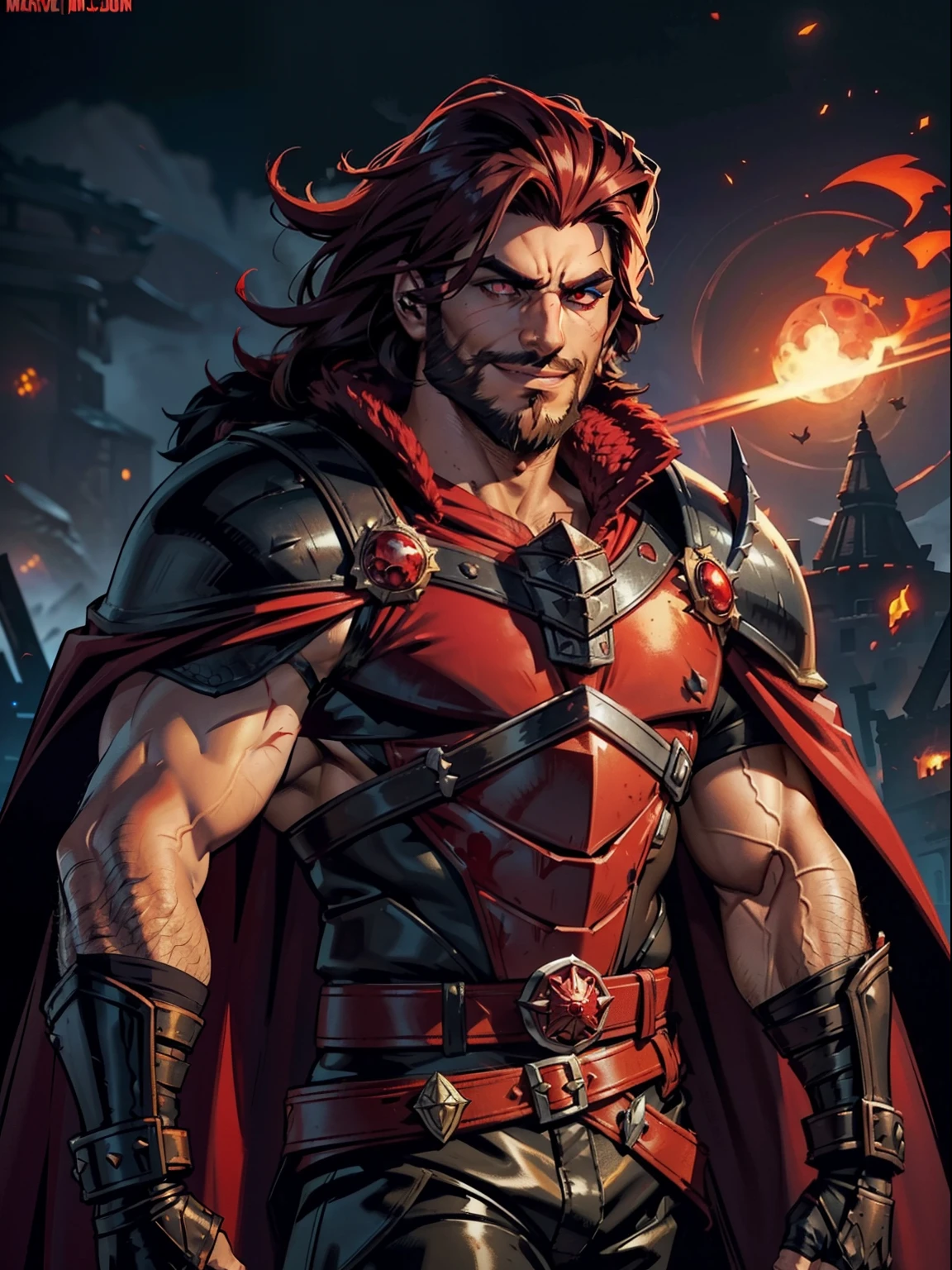 Dark night blood moon background, Darkest Dungeon style, casting fire. Sadurang from Marvel, hunk, buffed physics, short mane hair, mullet, defined face, detailed eyes, short beard, glowing red eyes, dark hair, wily smile, badass, dangerous. Wearing full red armor with dragon scales, cape of furs.