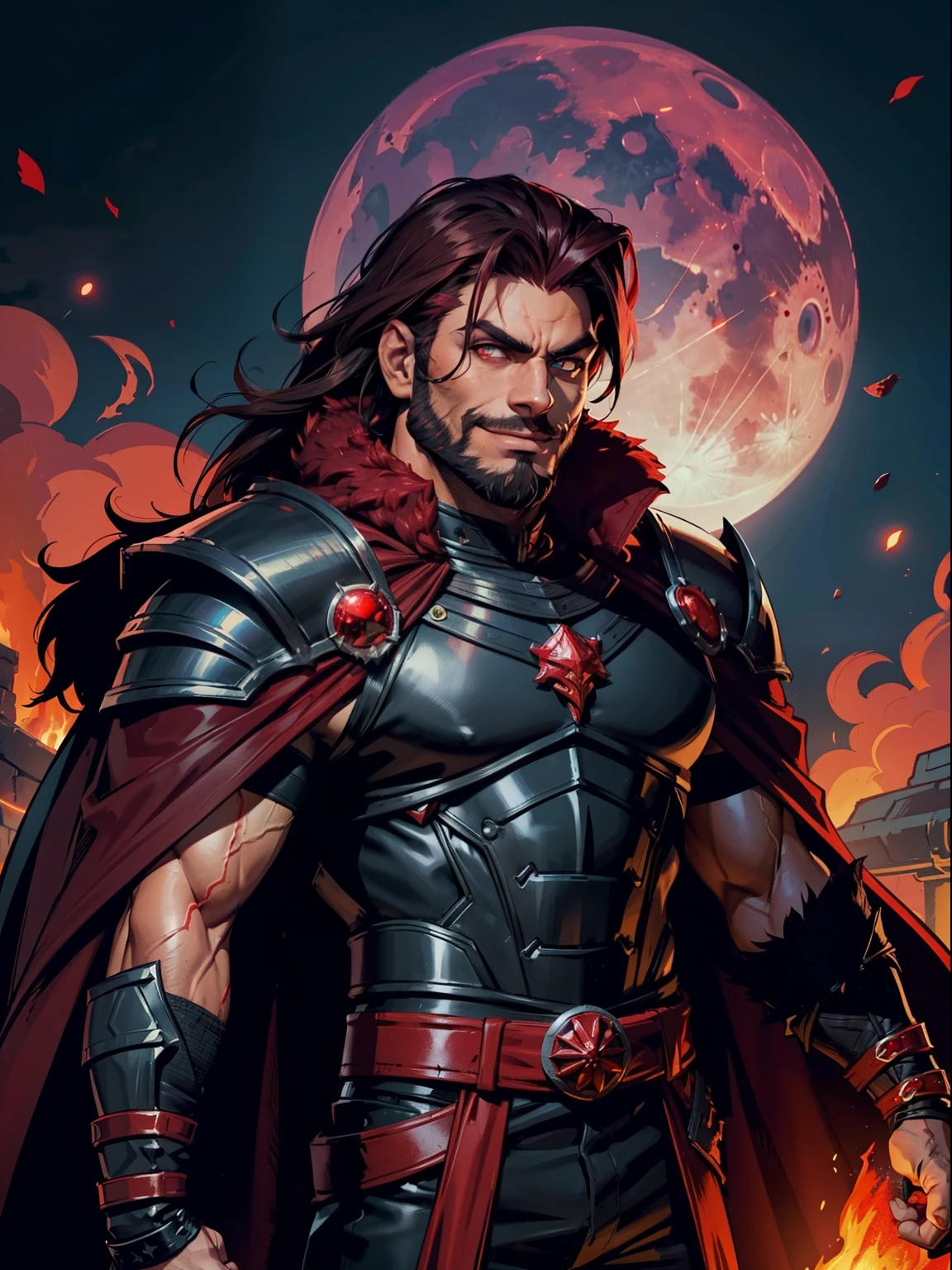 Dark night blood moon background, Darkest Dungeon style, casting fire. Sadurang from Marvel, hunk, buffed physics, short mane hair, mullet, defined face, detailed eyes, short beard, glowing red eyes, dark hair, wily smile, badass, dangerous. Wearing full red armor with dragon scales, cape of furs.