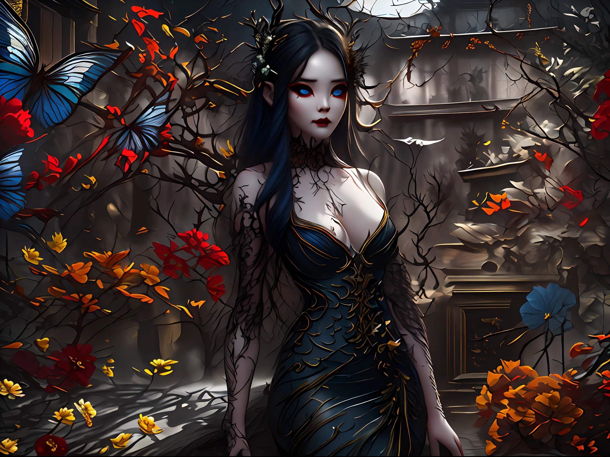 high details, best quality, 16k, RAW, [best detailed], masterpiece, best quality, (extremely detailed), full body, ultra wide shot, photorealistic, dark fantasy art, goth art, RPG art, D&D art, a picture of a dark female fairy showing flowers in a florist shop, extremely beautifil fairy, ultra feminine (intense details, Masterpiece, best quality), best detailed face (intense details, Masterpiece, best quality), having wide butterfly wings, spread buterfly wings (intense details, Masterpiece, best quality), dark colors wings (intense details, Masterpiece, best quality), black hair, long hair, shinning hair, flowing hair, shy smile, innocent smile, blue eyes, dark red lips, wearing red skirt, dynamic elegant shirt, chocker, wearing high heels, in flower shop (intense details, Masterpiece, best quality), extreme many flowers (intense details, Masterpiece, best quality), dark colorful flowers (intense details, Masterpiece, best quality), flower shop in a dark goth era street, model715,  High Detail, Ultra High Quality, High Resolution, 16K Resolution, Ultra HD Pictures, 3D rendering Ultra Realistic, Clear Details, Realistic Detail, Ultra High Definition