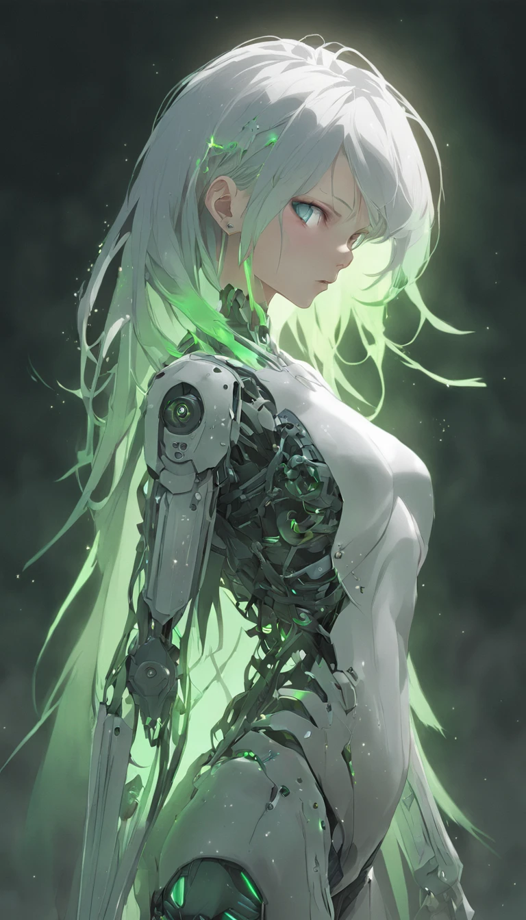 android woman,translucent plastic body with robotic skeleton,carbon textured,plastic face,serene glowing eyes,asimetrical long spike hair,white hair,green eyes,by wlop,realistic,8k,HDR,stable diffusion xl,agressive art style,cute girl