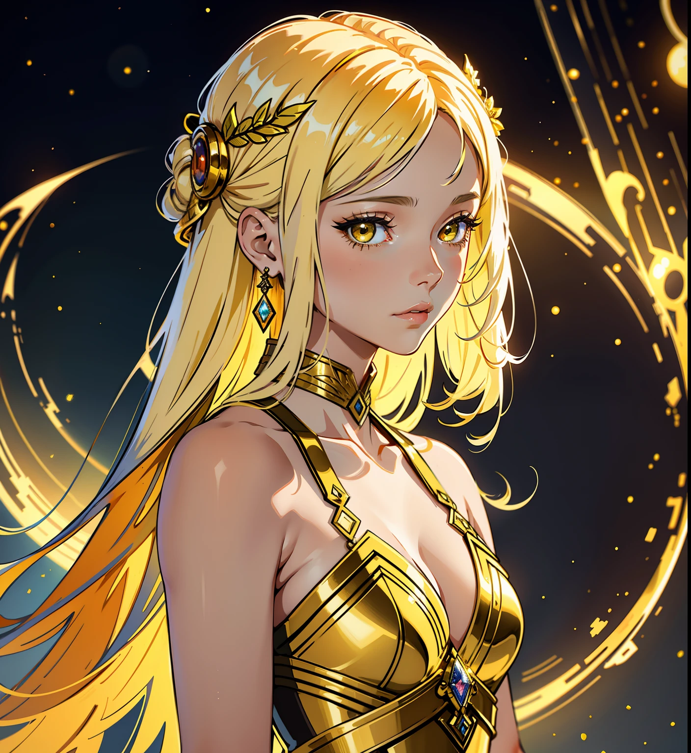 adesivo, fundo simples, portrait, 1 girl, girl with long hair, beautiful goddess girl, goddess aesthetic, beautiful girl, very beautiful fantasy art, beautiful and elegant female goddess, beautiful detailed fantasy, yellow and white color palate, yellow color-theme