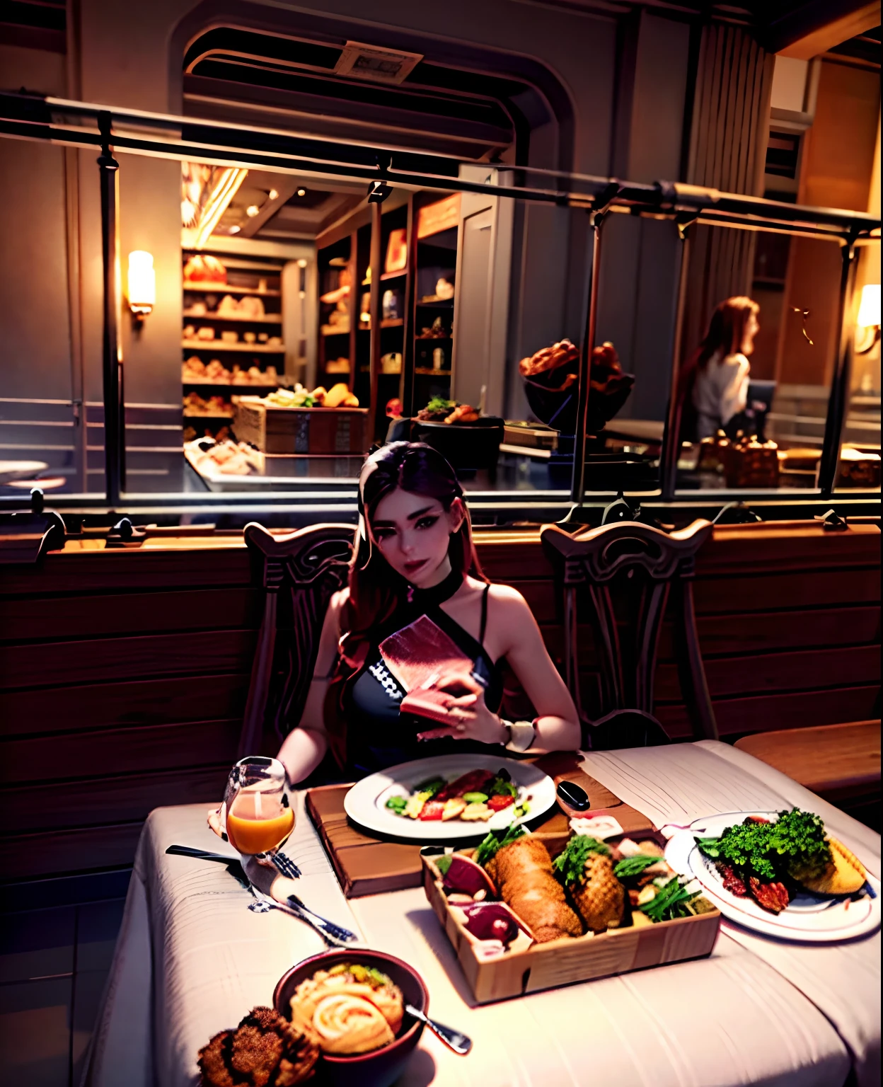 There was a woman sitting at the table，Carrying a plate of food, she is about 2 5 years old, young beautiful amouranth, belle delphine, eating meat, dilraba dilmurat, she is about 20 years old, she is about 2 0 years old, expensive restaurant, Cai Xukun, covered in organic flesh meat
