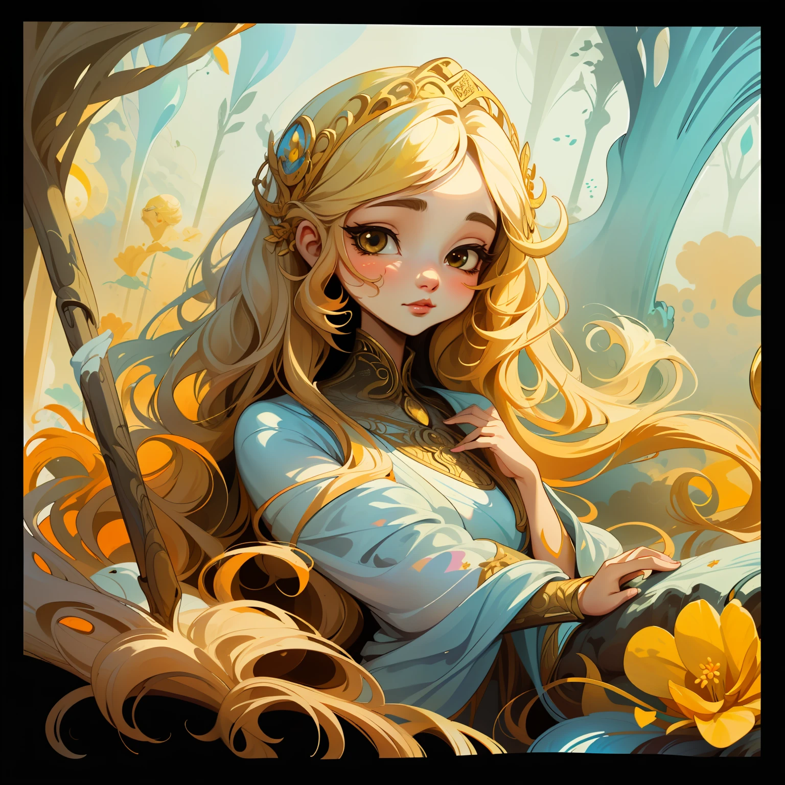 adesivo, fundo simples, portrait, 1 girl, girl with long hair, beautiful goddess girl, goddesd aesthetic, beautiful girl, very beautiful fantasy art, beautiful and elegant female goddess, beautiful detailed fantasy, yellow and white color palate yellow color-theme