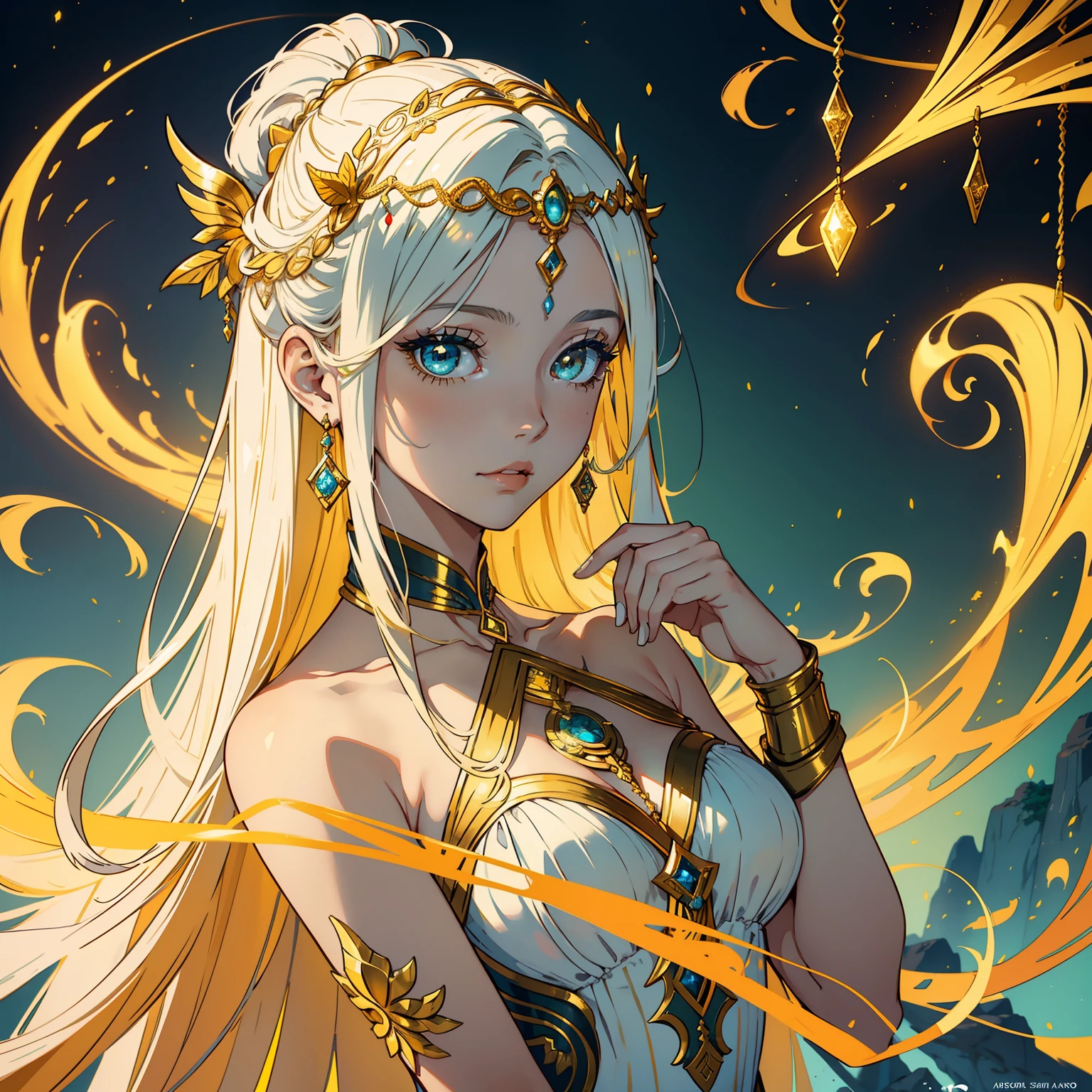 adesivo, fundo simples, portrait, 1 girl, girl with long hair, beautiful goddess girl, goddess aesthetic, beautiful girl, very beautiful fantasy art, beautiful and elegant female goddess, beautiful detailed fantasy, yellow and white color palate, yellow color-theme