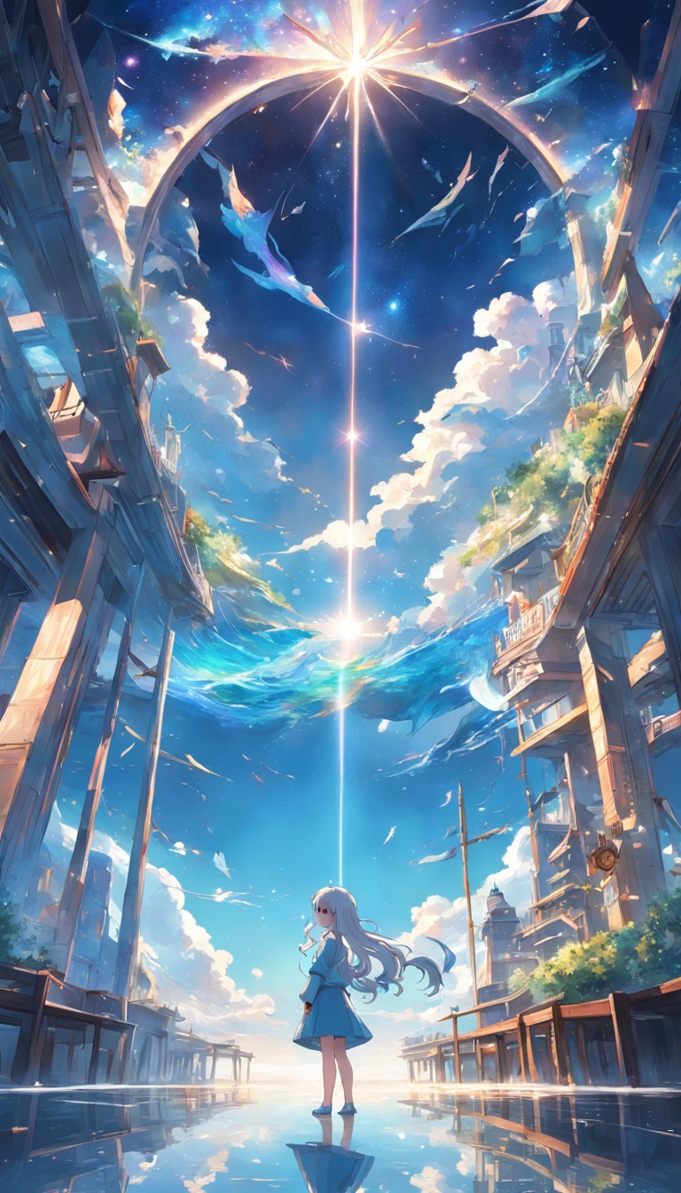Faraway view、landscapes、vanishing point、Outrageous resolution、hight resolution、ultra-detailliert、The upper half shows the universe、Below is the sea、Bright atmosphere、Fantasia、magia、mare、Daylight hours、clean blue sky、sunlight shining、prisma、beautiful  lighting、Bright lighting、Soft lighting、Lots of shining magic lights、Iridescent light