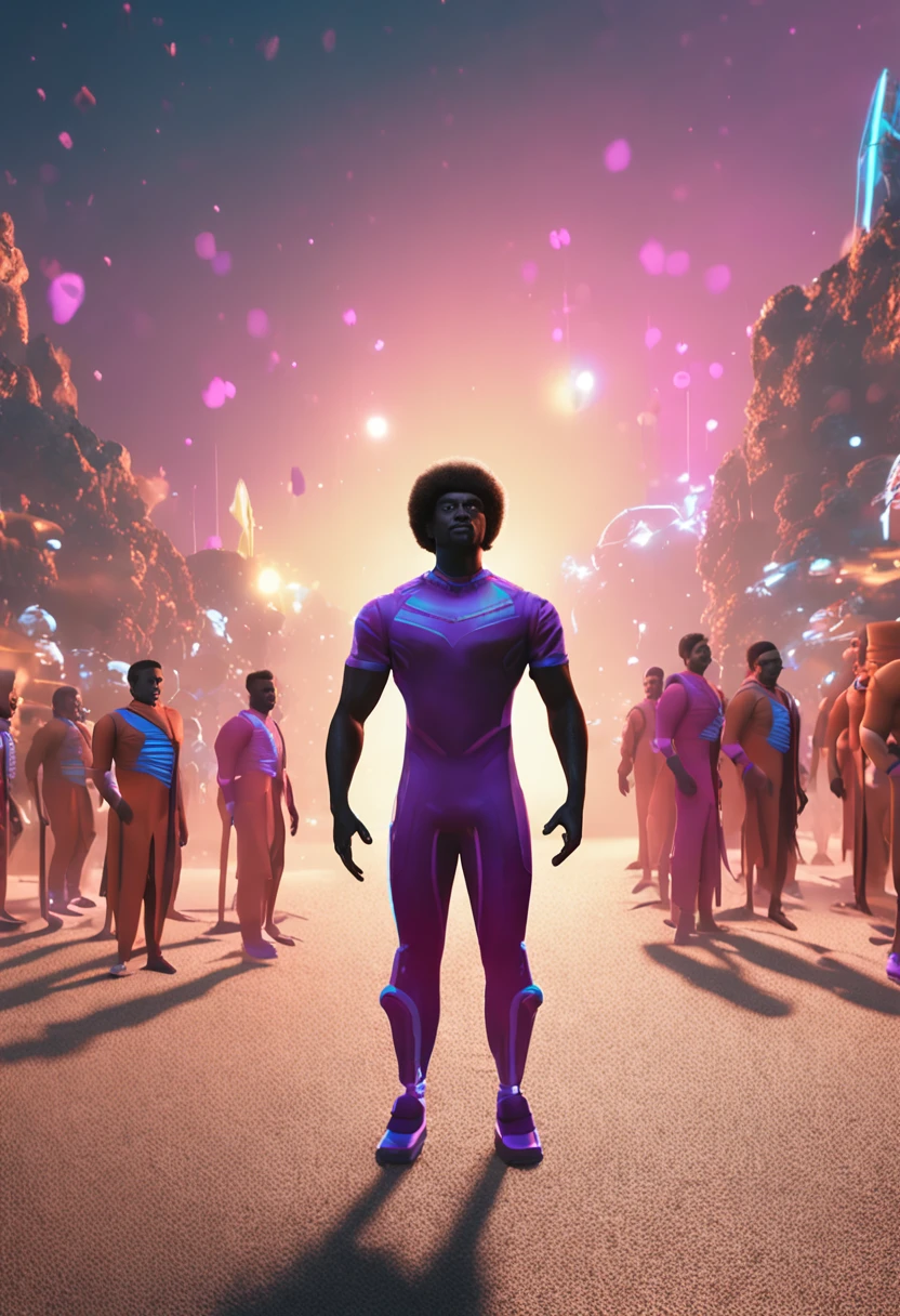 Arafed man with fiber optics in his afro hair standing in front of a group of other black characters, 3 d render arte do caractere 8 k, Retrato completo de Electromancer, 3 d character render, Arte afro de personagem 3D, personagem de fantasia digital, Personagem 3D, Personagem 3D, personagem do cartaz do filme, Personagens 3D, 3d renderizar arte digital, promotional render, fundo branco