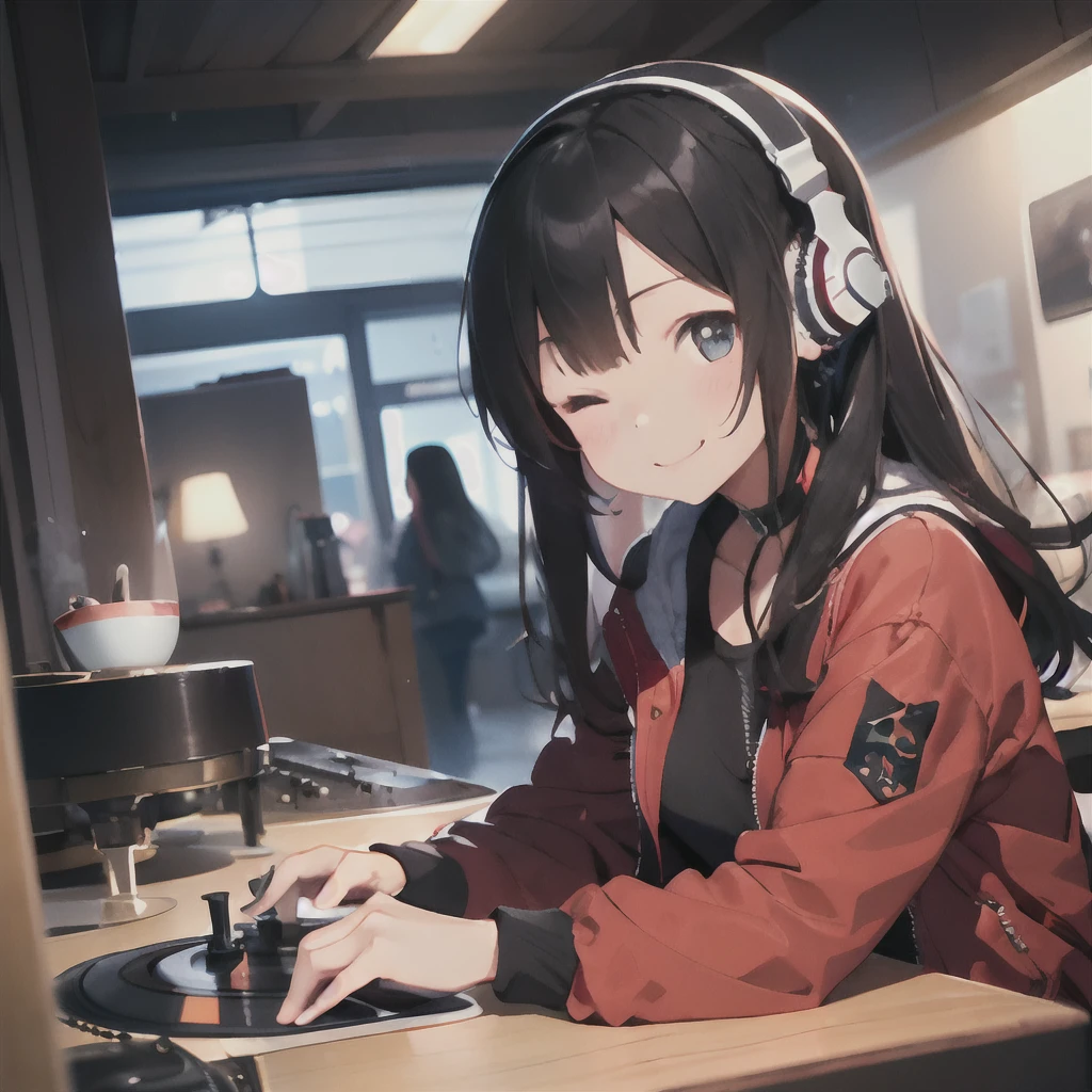 (1 girl、A dark-haired、straight haired、hair adornments、eye closed、A smile、small tits、cute face)、Red jacket、Black pants、full body Esbian、camera view、Turntables on both sides of the mixer console、masterpiece、top-quality、nffsw、Wearing headphones on your neck
