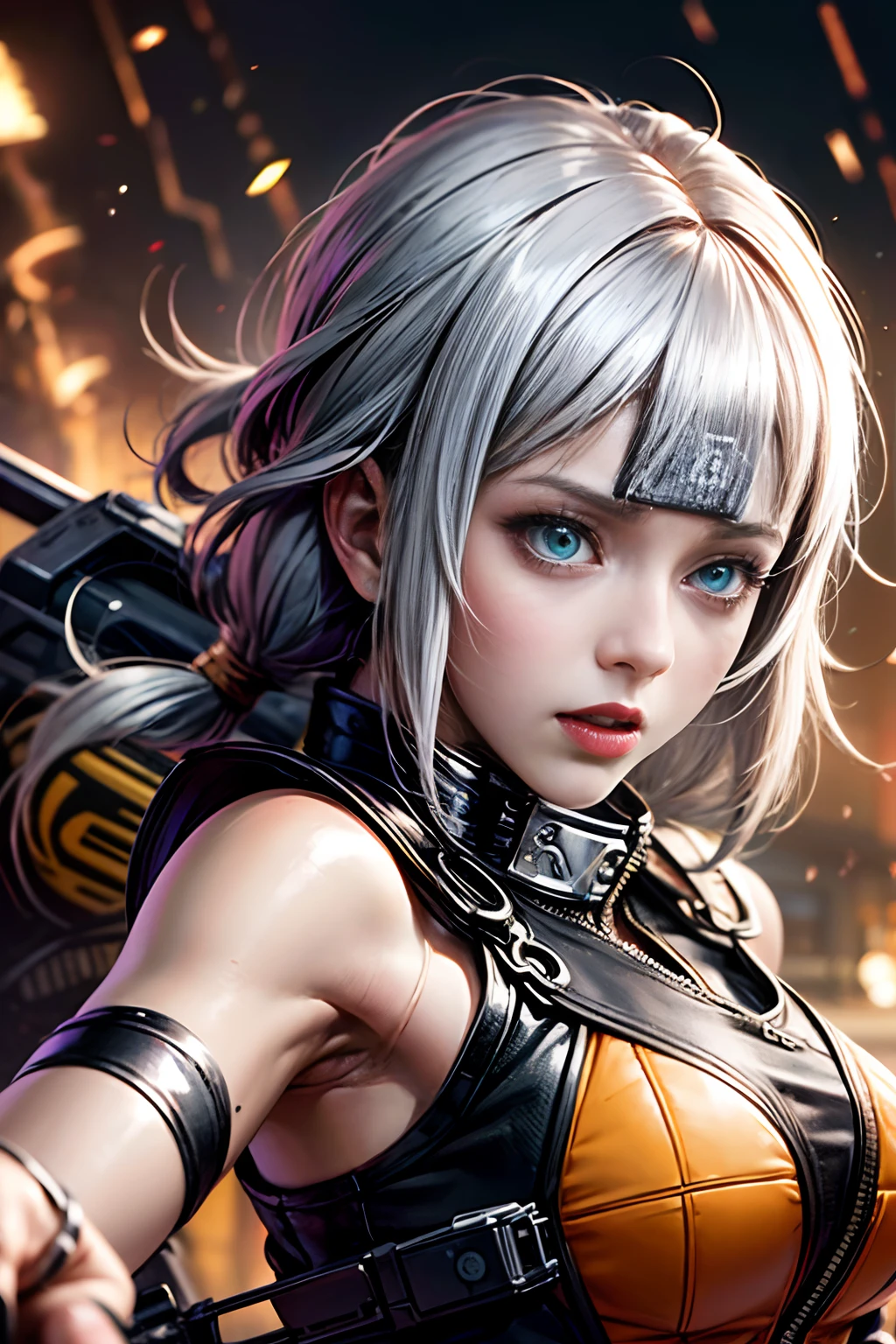 (tmasterpiece), (beste-Qualit), realisti, cinematiclight, (((Hinata's girlfriend Naruto is mad at the machine gun))), attack pose, battlefield background, the perfect body, Cyan eyes, white colored hair