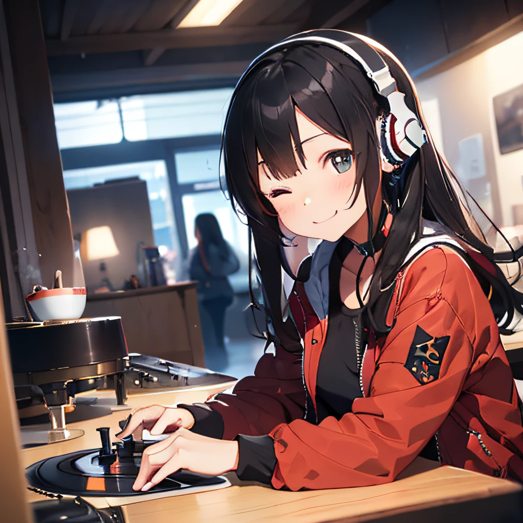 (1 girl、A dark-haired、straight haired、hair adornments、eye closed、A smile、small tits、cute  face)、Red jacket、Black pants、full body Esbian、camera view、Turntables on both sides of the mixer console、​masterpiece、top-quality、nffsw、Wearing headphones on your neck