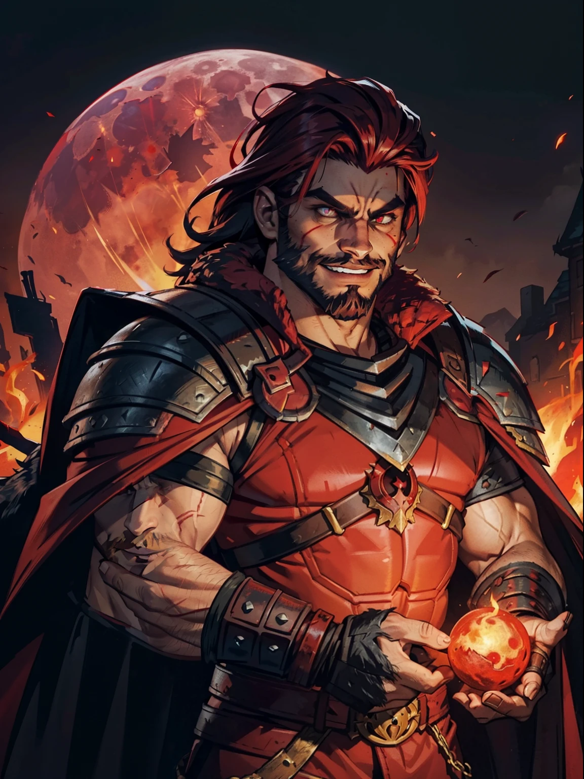 Blood moon background, Darkest Dungeon style, casting fire. Sadurang from Marvel, hunk, buffed physics, short mane hair, mullet, defined face, detailed eyes, short beard, glowing red eyes, dark hair, wily smile, badass, dangerous. Wearing full red armor with dragon scales, cape of furs.