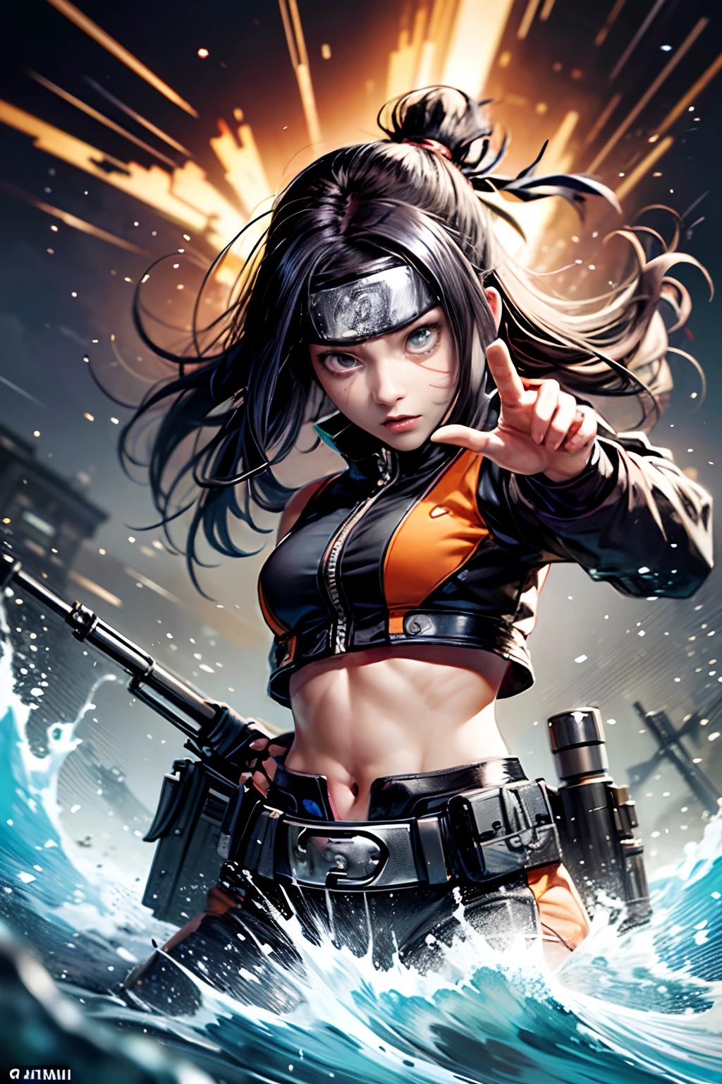 (tmasterpiece), (beste-Qualit), realisti, cinematiclight, (((Hinata's girlfriend Naruto is mad at the machine gun))),  attack pose, battlefield background, the perfect body, Cyan eyes, white colored hair