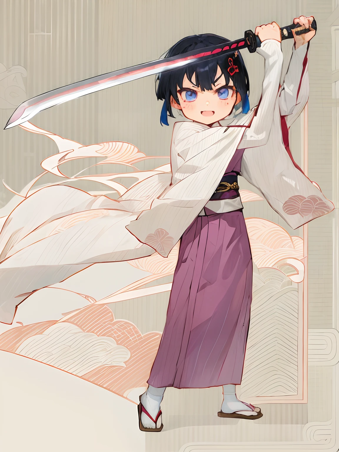 Japanimation, (((eroge))), Japanese scene, Japanese composition, 16k, extremely high level illustration ,an extremely beautiful girl, absurd resolution, absurd detailed, 1girl, solo, weapon, sword, japanese_clothes, kimono, katana, black_hair, purple_eyes, short_hair, tabi, blue_kimono, sash, obi, sandals, full_body, blue_eyes, long_sleeves, holding, zouri, wide_sleeves, looking_at_viewer, holding_weapon, holding_sword, arms_up, standing, socks, fighting_stance, smile, geta, yukata, open_mouth, obijime, closed_mouth, alternate_hairstyle, frown, blush_stickers, bangs, white_socks, sheath, v-shaped_eyebrows, :<, cosplay, child, two-handed, obiage, mole, bob_cut, haori, samurai, female_child, multicolored_eyes, mole_under_eye, chibi, hair_ornament, ootachi, serious, hair_between_eyes, sidelocks, flat_chest, official_style, open_clothes