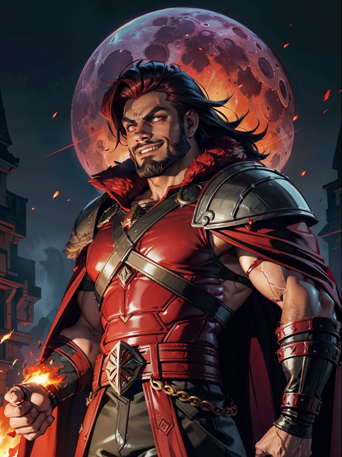 Blood moon background, Darkest Dungeon style, casting fire. Sadurang from Marvel, hunk, buffed physics, short mane hair, mullet, defined face, detailed eyes, short beard, glowing red eyes, dark hair, wily smile, badass, dangerous. Wearing full red armor with dragon scales, cape of furs.