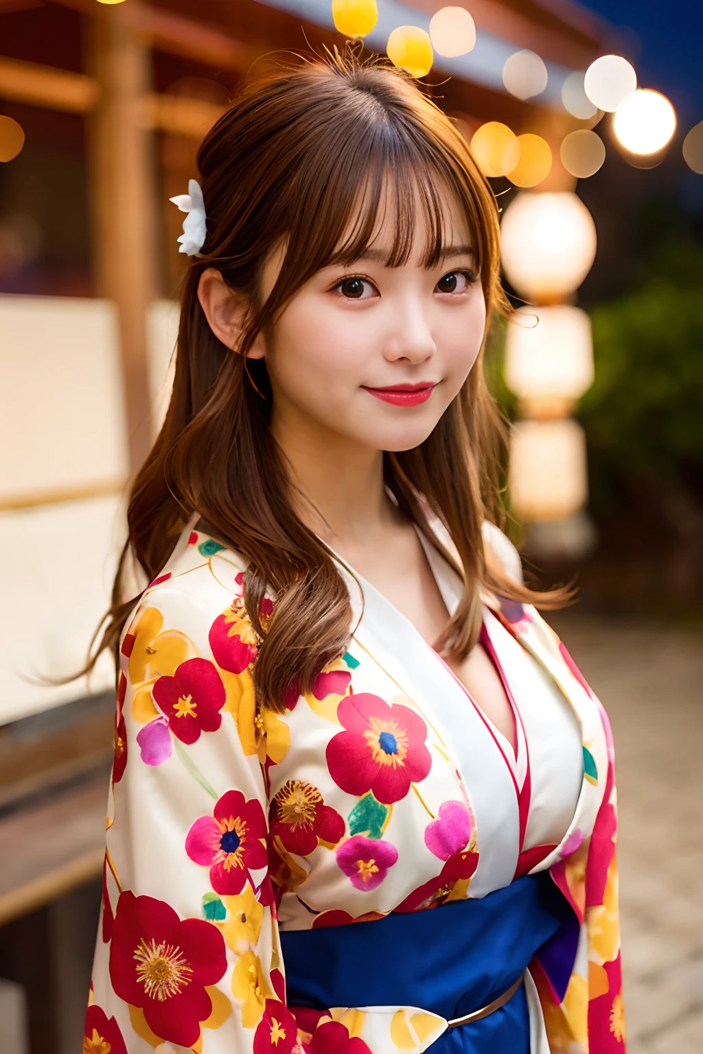 Perfect Lighting, High quality, masutepiece, Portrait, 1girl in, japanaese girl, blue yukata, Big breasts, cleavage, Brown eyes, Brown hair, lightsmile, Break Festival, with floral pattern, Komono, lantern, Red lips, Long hair, Long sleeves, Dynamic Pose, Motion Blur, Obi, BREAK outdoors, paper lanterns, Realistic, Solo, Summer festival,