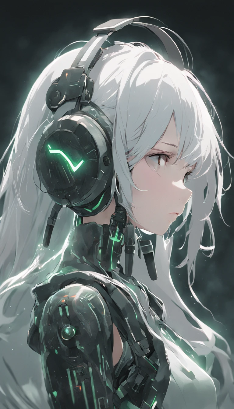 android woman,translucent plastic body with robotic skeleton,carbon textured,plastic face,serene glowing eyes,asimetrical long spike hair,white hair,green eyes,headphones,gas mask,by wlop,realistic,8k,HDR,stable diffusion xl,agressive art style,cute girl