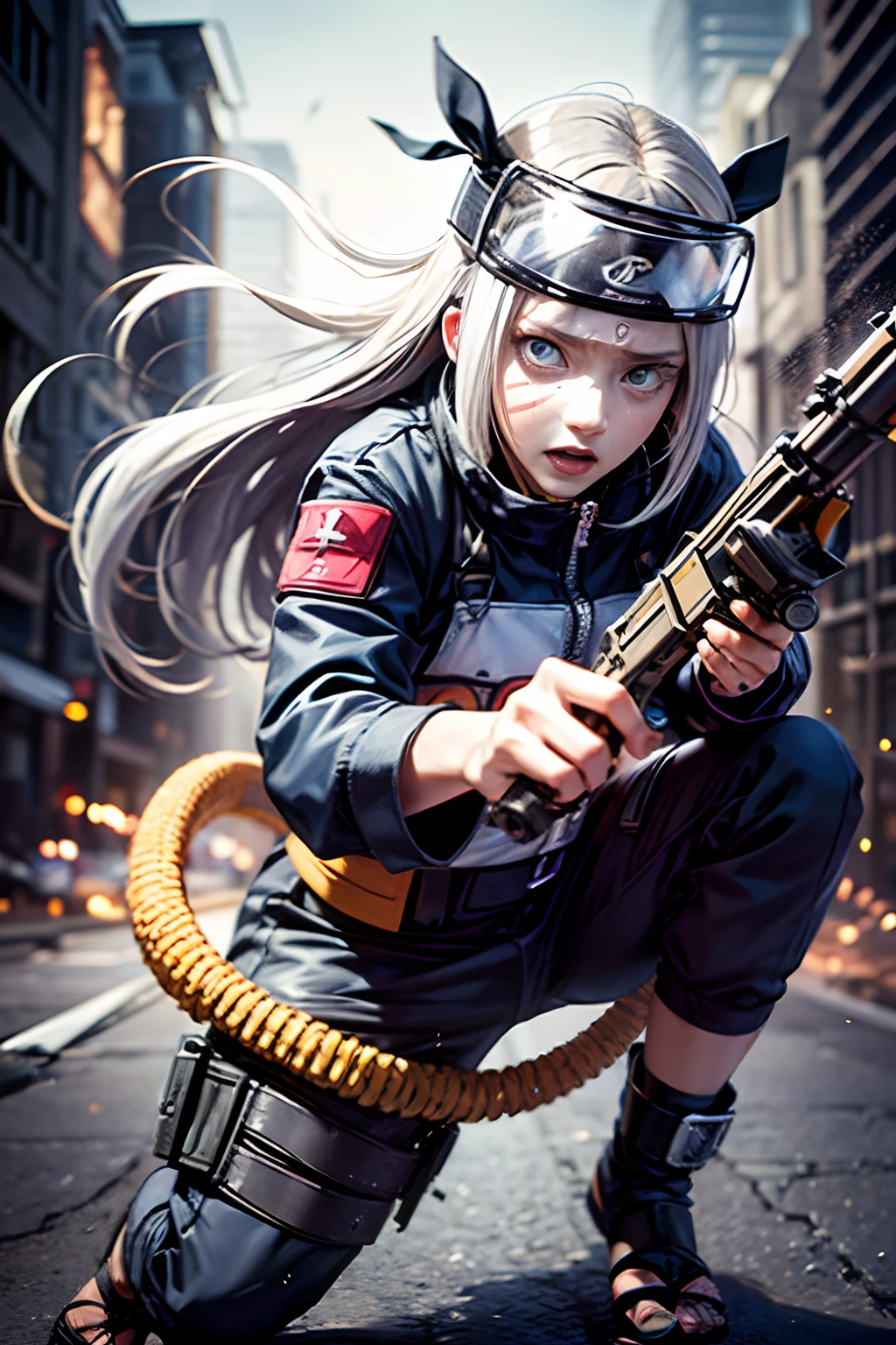 (tmasterpiece), (beste-Qualit), realisti, cinematiclight, (((Hinata's girlfriend Naruto is mad at the machine gun))),  attack pose, battlefield background, the perfect body, Cyan eyes, white colored hair