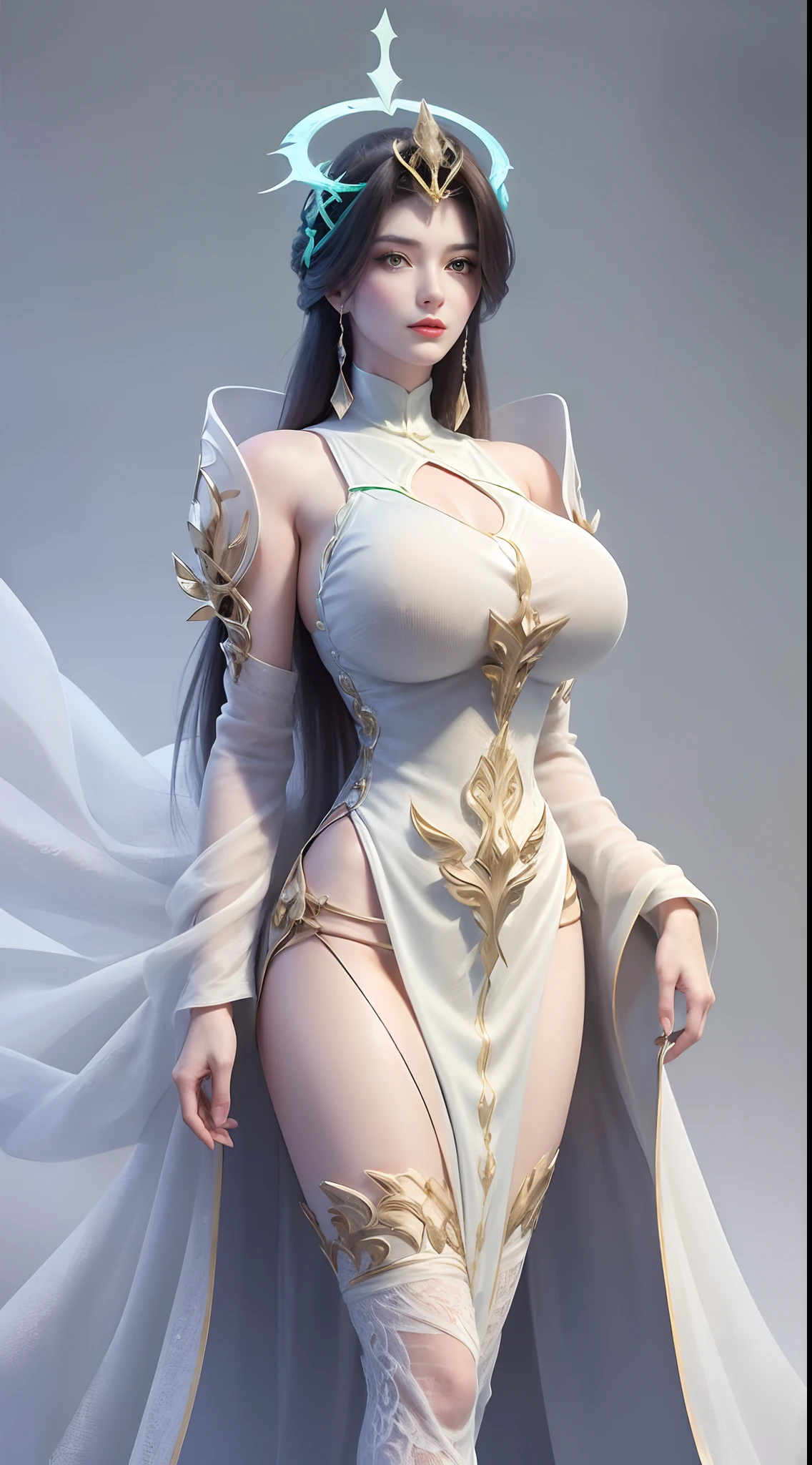 ultra realistic 8k cg, Flawless, Clean, Masterpiece, Professional artwork, Famous artwork, Cinematic lighting, Cinematic bloom, Perfect face, Beautiful face, fantasy, Dreamlike, Unreal Engine 5, Science fiction, Lace, Lace trim, lace-trimmed legwear, luxury goods, jewelry, Diamond, gold, the pearl, Pedras preciosas, Sapphire, Ruby, Emerald, intricately details, Delicate pattern, Charming, Alluring, Seductive, Erotic, Enchanting, hair adornments, necklace, Earrings, Bracelet, armlets,Halo,Autumn.
((,1girll, angle of view,Best quality,)) ,((((,1girll, Solo, huge fake breasts:1.5, Goddess dress, Half body, view the viewer, standing))))
