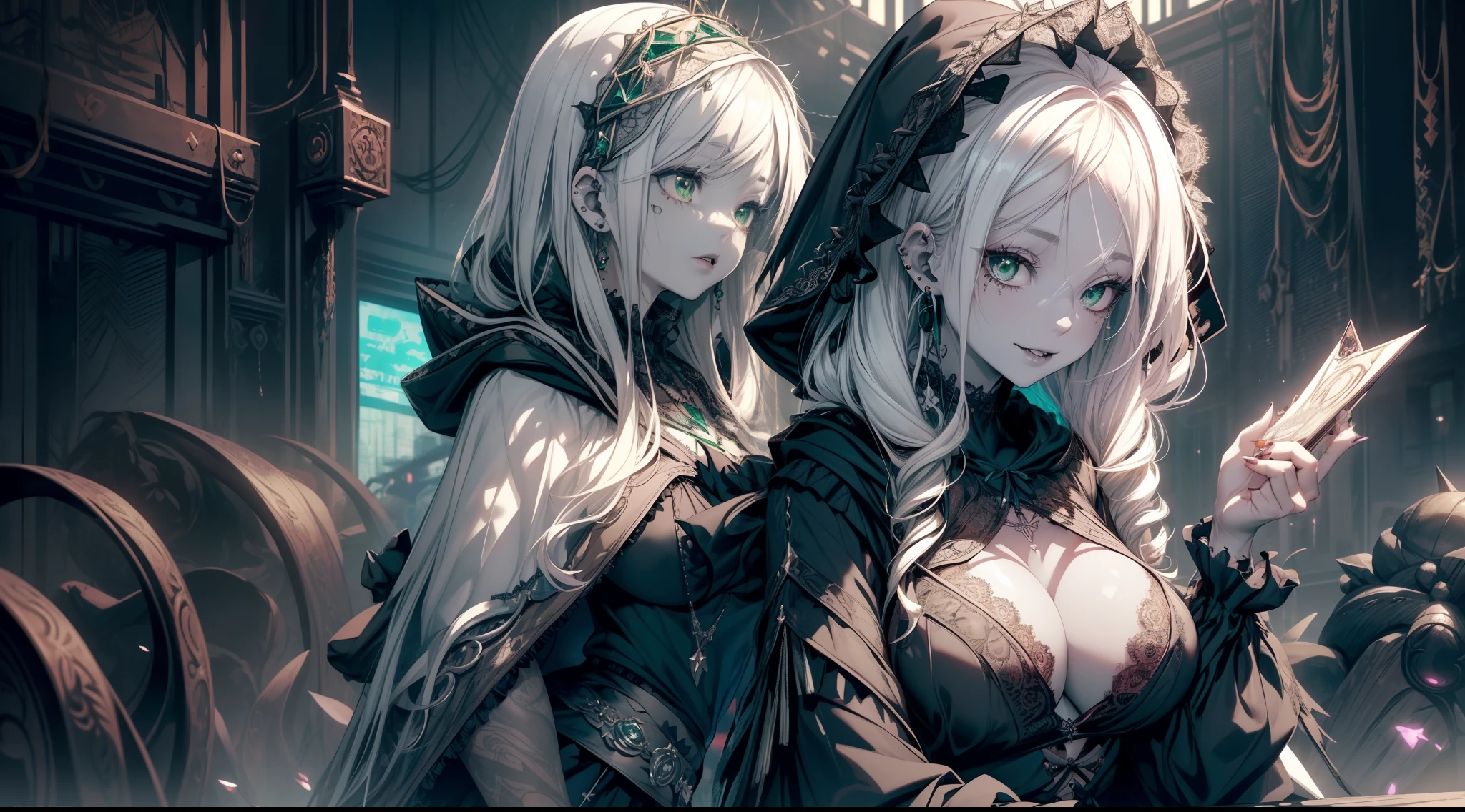 (necromance:1.2) girl, 1girl, perfect and well designed shiny eyes, (beautiful detailed (emerald:1.3) marsh eyes:1.05), natural breasts, slim body, beautiful and delicate face, (face detail), ((realistic face)), pores, ((pale skin)), detailed skin, realistic skin, medium length hair, hair voluminous, super high resolution, 8k, parameters Best quality, (masterpiece:1.4), (magic accessories:1.4), bracelets, necklaces, dark extremely detailed thick tight ((lacy silk clothing:1.3), (lacy wrap dress:1.2), (lycra kimono:0.8),(wild goth skirt:1.5)), (shabby hood ruffles coat:1.4), (hood off:2.0), (embroidery and lace:1.3), (jewelry ornaments:1.6), hair ornament, (cloth:1.3), (neckline:1.3), (cleavage), decolette, navel, Young Girl, Little Beast, (crazy:0.7) Smile, (Pale Skin:2.0), (19 Piercings:1.6), ((tattoos all over body, Tribal tattoos all over legs)), surrounded by darkness, (Darkness:1.2), Dark Fantasy, ultra detailed, photorealistic, ((Real image)), (best quality:1.4), super high resolution, (Realistic 2.0), More details, (full body portrait), (((1girl))), (witchcraft:1.5), magic energy flows and sparkles, (futurism:1.3), fantasy, (cyberpunk:1.4), (magic technologies:1.3), (beautiful and aesthetic:1.2), (fractal art:1.4), (cinematic light:1.1), DUTCH ANGLE, 16K, HDR, RTX, Ray Tracing, Radiosity, Anisotropic Filtering, Subsurface Scattering, (((magic lights))), metallic reflections, Detailed, Realistic, 4k highly detailed digital art, (cool_color), extremely detailed CG unity 8k wallpaper, vibrant colors, (((seductive pose)))