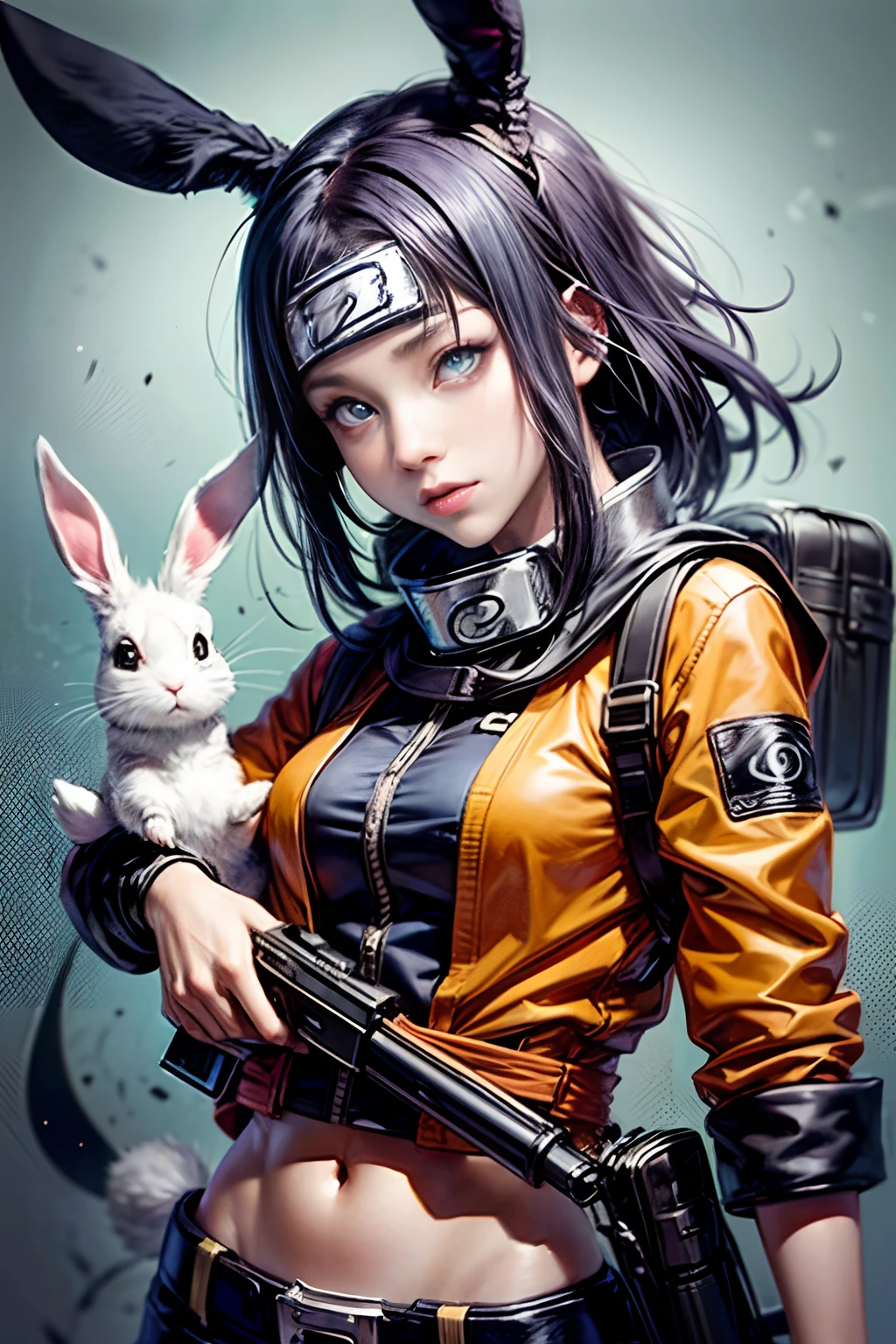 (tmasterpiece), (beste-Qualit), realisti, cinematiclight, ((Hinata from Naruto with a cute bunny, submachine gun)), cool pose, battlefield background, the perfect body, Cyan eyes, white colored hair