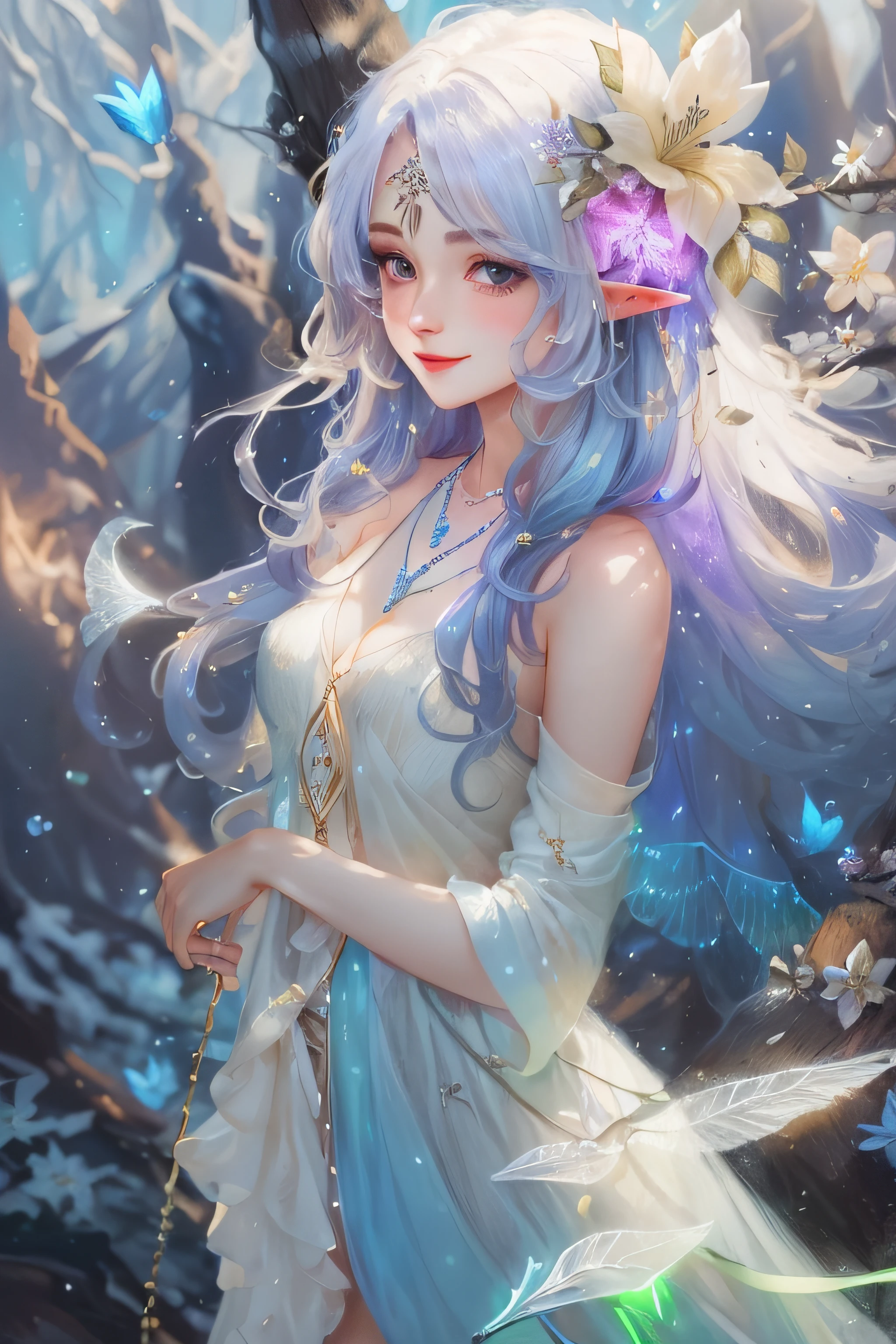 she is an arrogant flower fairy, ((best quality)), ((masterpiece)), ((large glowning blue magic necklace:1.2)), 1 female, full length shot, Beautiful Caucasian face, (arrogant smile:1.2), dancing, (Contrapposto:1.3), (sexy seductive pose:1.1), long naked legs, BREAK she is fabulous elf with transparent magical wings,  full red lips, slim body, white skin, very thin waist, (very long disheveled hair:1.4), ((((flower hair)))), multicolored_hair, cinematic lighting, intricate details, (((background [Serene mountainscapes:woods:0.6])))