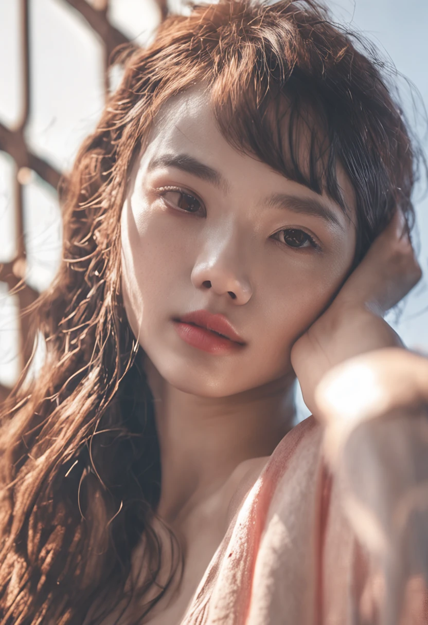 best quality ,masterpiece,ultra high res,(photo realistic:1.4), 1 girl, looking at viewer, Wearing oversized off-shoulder knit over lingerie, korean famous actress, very beautiful,kawaii, Cinematic, 35mm lens, f/ 1. 8, accent lighting, 8k, at luxury hotel,painting,sketches logo,watermark, txt,(worst quality:2),(low quality:2),(normal quality:2),lowers.normal quality,((monochrome),((grayscale),skin spots acnes,skin blemishes,