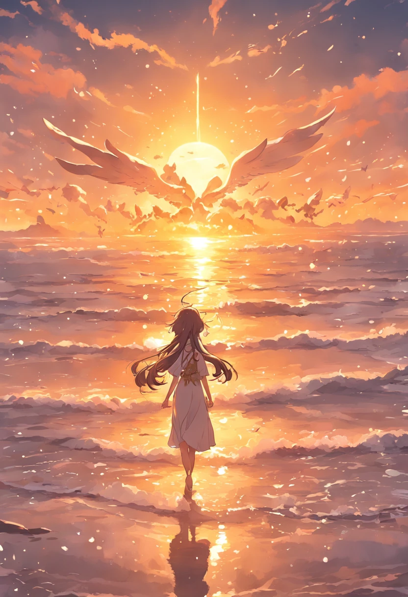 "captivating sunset casting golden hues upon a serene beach, embraced by the celestial presence of an angel blessing the tranquil waters."