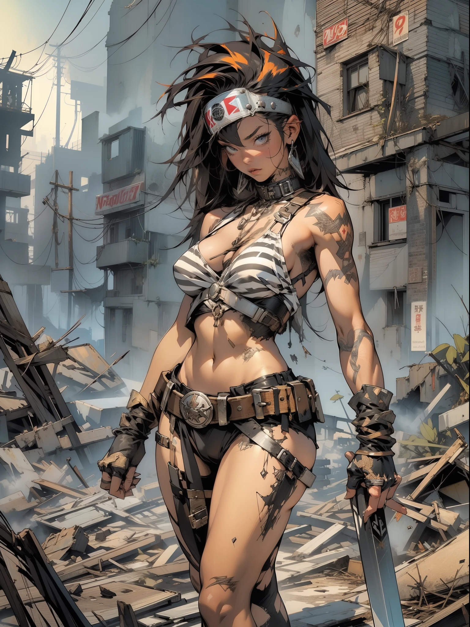 nijistyle, (((female))), (((best quality))), (((masterpiece))), (((adult))), A 35 year old barbarian queen with tiny thong in a post-apocalyptic world, hand with steel gloves and metal tips, (( under boobs )), (( Tiny thong )), quase nua, Simon Bisley style for a Brooklyn Gladiator comic book cover, sultry pose, scantily clad, nearly nude, wrecked outfit black with white vertical stripes, ( best quality), (absurdres), perfect body, sexy scene, colorful mohawk, background with a destroyed city