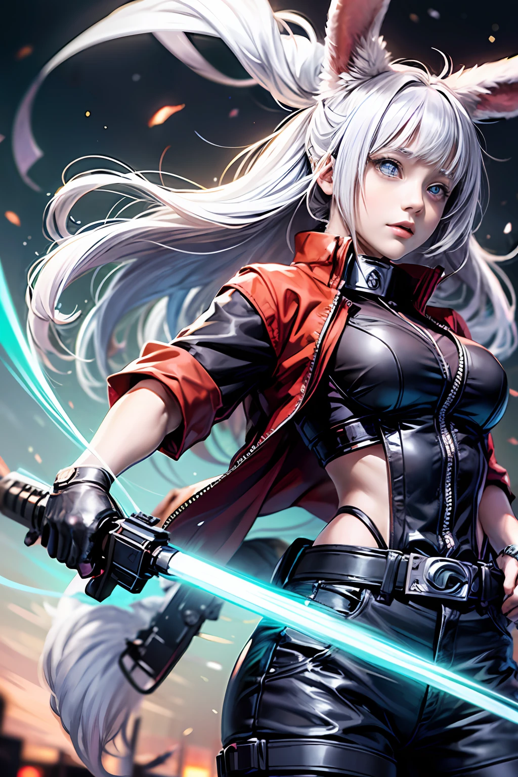 (tmasterpiece), (beste-Qualit), realisti, cinematiclight, Hinata from Naruto with a machine gun, cool pose, battlefield background, the perfect body, white eyes, white colored hair