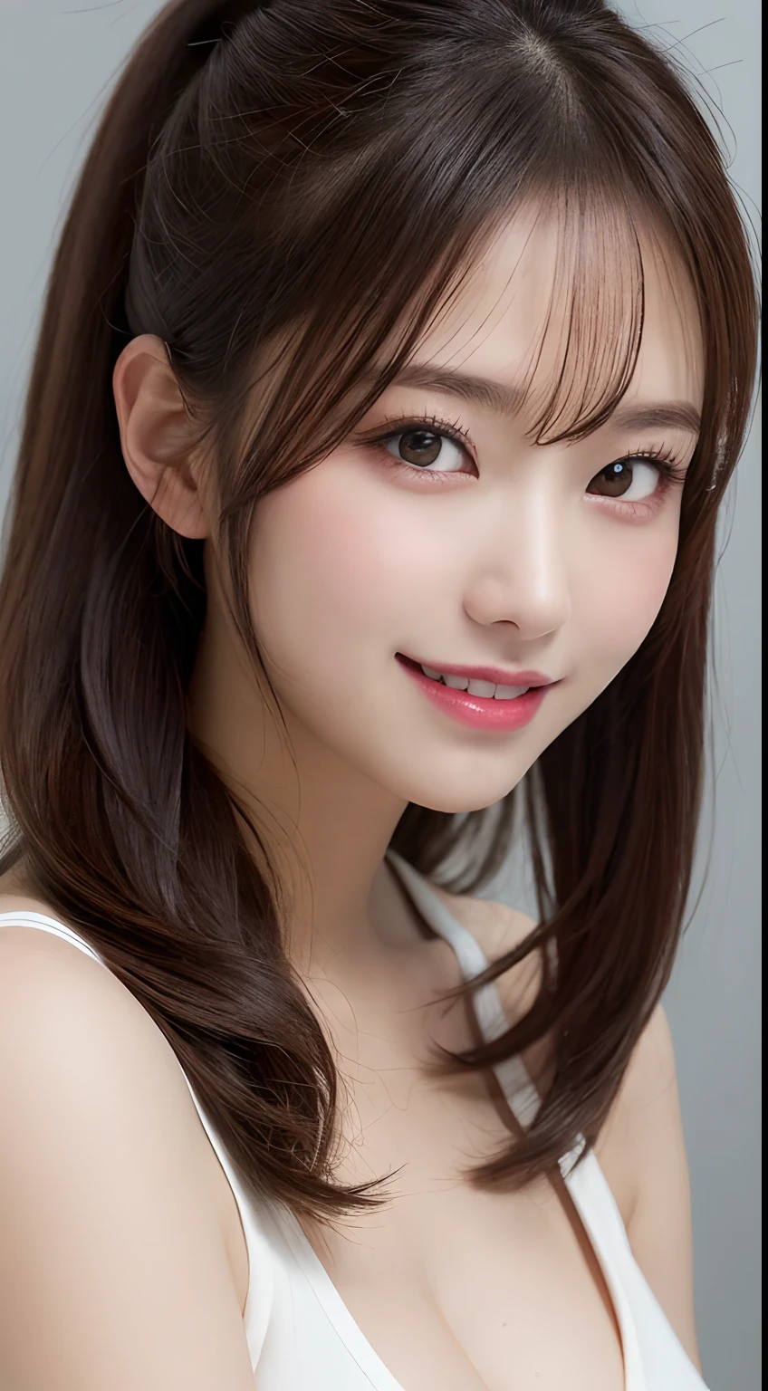 masutepiece, Best Quality, Illustration, Ultra-detailed, finely detail, hight resolution, 8K Wallpaper, Perfect dynamic composition, Beautiful detailed eyes, Women's Fashion Summer,Ponytail hair,Small breasts natural color lip, Bold sexy poses,Smile,Harajuku、20 years girl、Cute、Sexy shot looking at camera