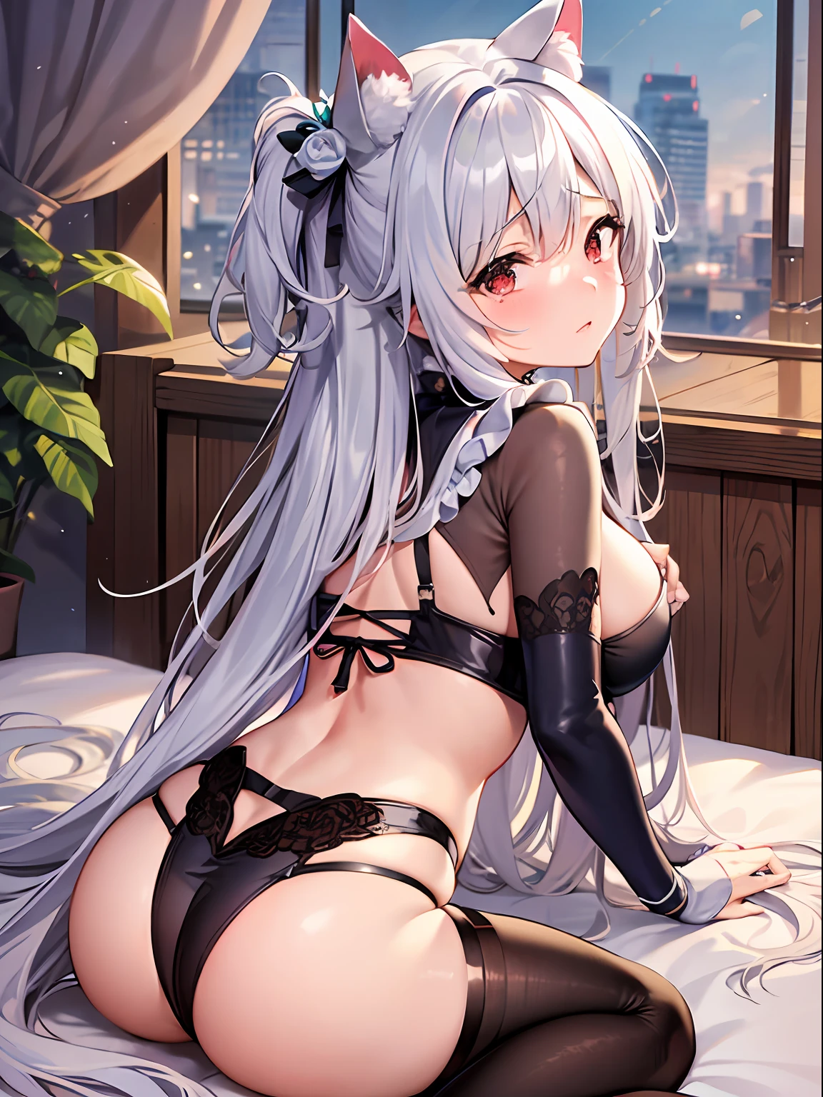 Best Quality, ultra-detailliert, Illustration, silber hair, Aimei,,embarrassed from，red blush，scratching your head，The long-haired，cute  face，beutiful breast，turned around，Close，Angle to show off breasts，look up to，finely detail，a bed、Maids，Cat's ears，crying how bright，Sit up，s ass，Pants that turn around，backs