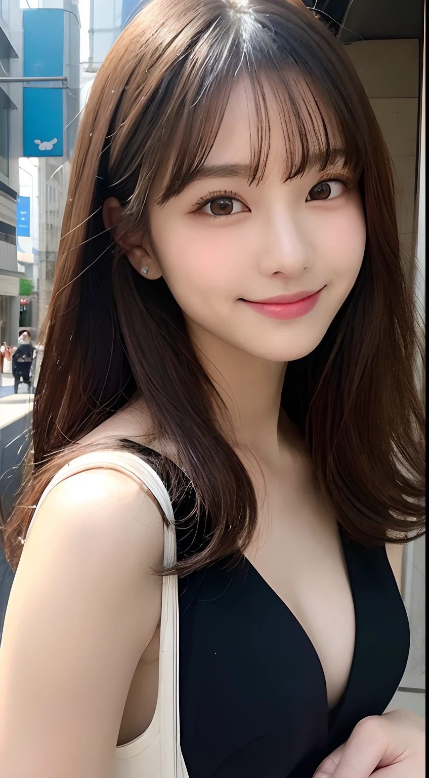 masutepiece, Best Quality, Illustration, Ultra-detailed, finely detail, hight resolution, 8K Wallpaper, Perfect dynamic composition, Beautiful detailed eyes, Women's Fashion Summer,Medium Hair,small tits,Natural Color Lip, Bold sexy poses,Smile,Harajuku、20 years girl、Cute、Sexy shot looking at camera